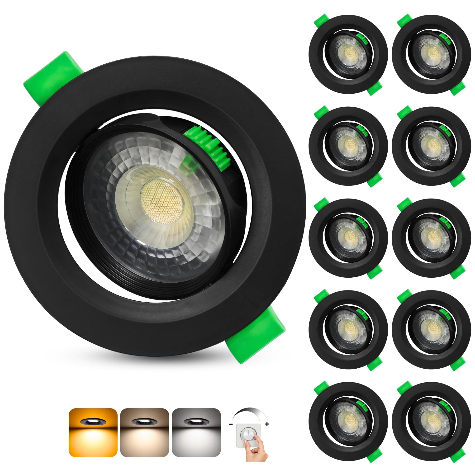 Aulaiyi Downlight LED Techo Empotrable Regulable 230V, 5W 500LM Focos LED Interior Techo Rotable Blanco Cálido Blanco Neutro Blanca Frío, IP44 Ojos de Buey Extraplano, Corte 68-80mm, Negro 10 Pack