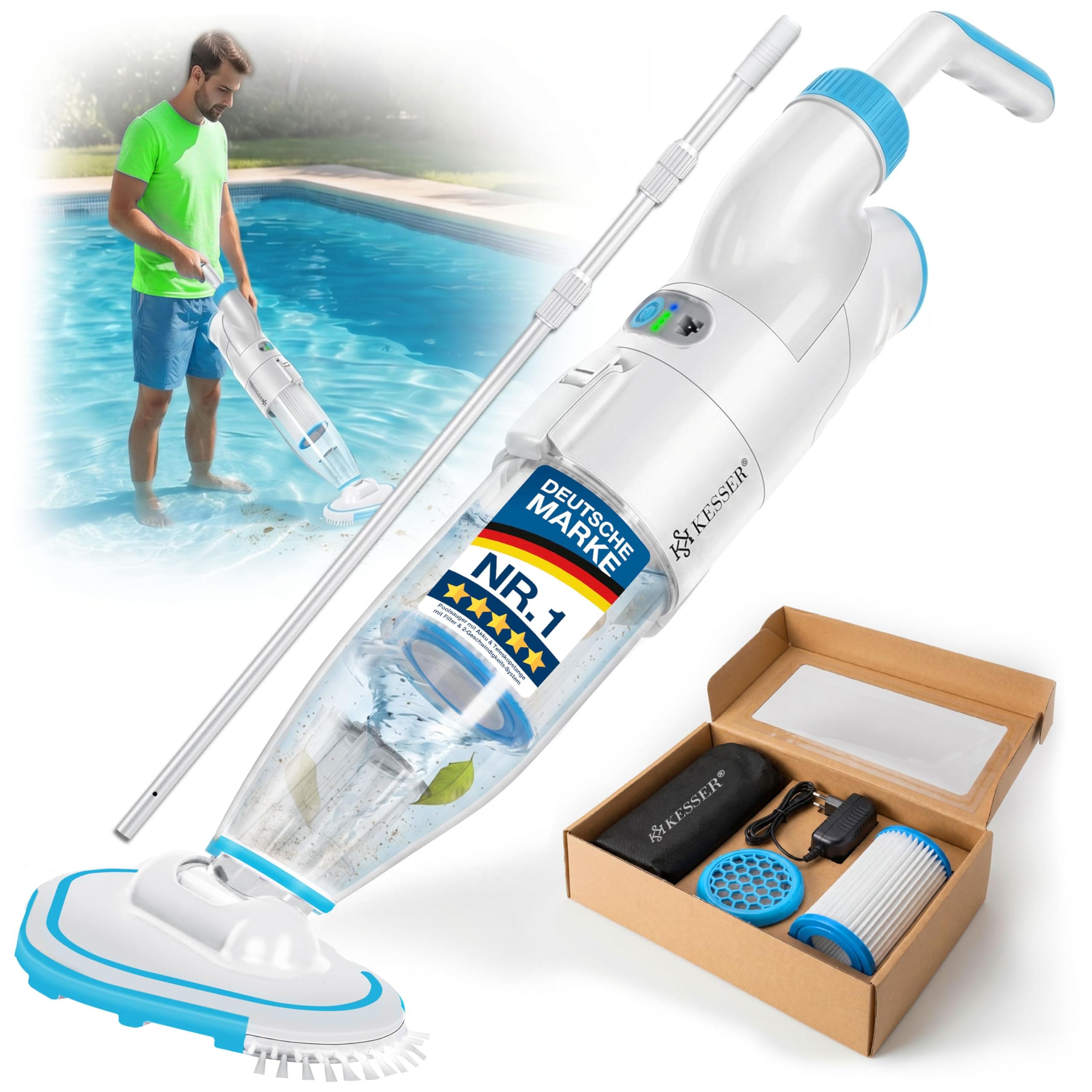 KESSER® Aspirateur de Piscine avec Batterie + Couverture | électrique Aspirateur de Piscine à Main | Nettoyeur de Piscine avec Filtre & système à 2 Vitesses | Aspirateur à Main, Jusqu'à 15 m³