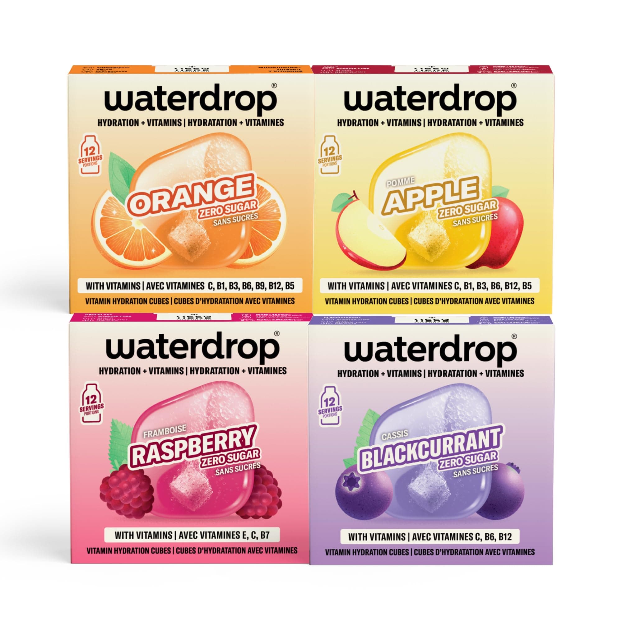 waterdrop® Microdrink Set Coffret Fruits Classiques - 48 Pastilles Pour Boisson Hydratante en Saveurs Pomme, Orange, Framboise & Cassis, Cubes Boisson Vegan, Vitamine C B, Eau Aromatisée Sans Sucre