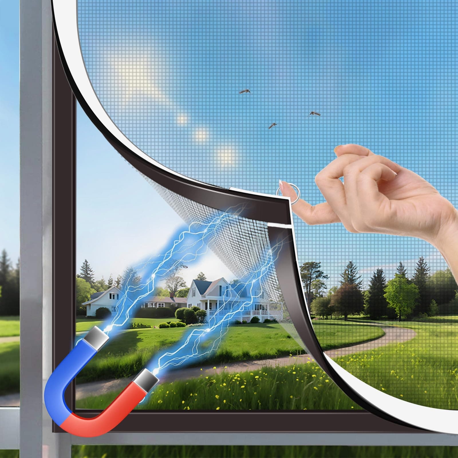 HOFUDON Moustiquaire Fenêtre Magnétique 130x150 cm,Durable Fibre de Verre, Taille Ajustable DIY,Moustiquaire Aimantée Fenetre Sans Perçage/Cadre Détachable,Aération Optimale & Vue Dégagée