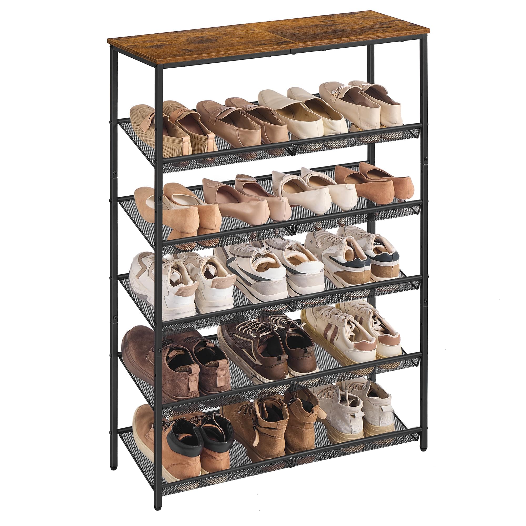 VASAGLE Schuhregal, Schuhablage, 6 Ebenen, große Oberfläche, verstellbare Gitterablagen, platzsparend für Eingangsbereich Flur, Metall, Industrie-Stil, vintagebraun-tintenschwarz LBS044KD01