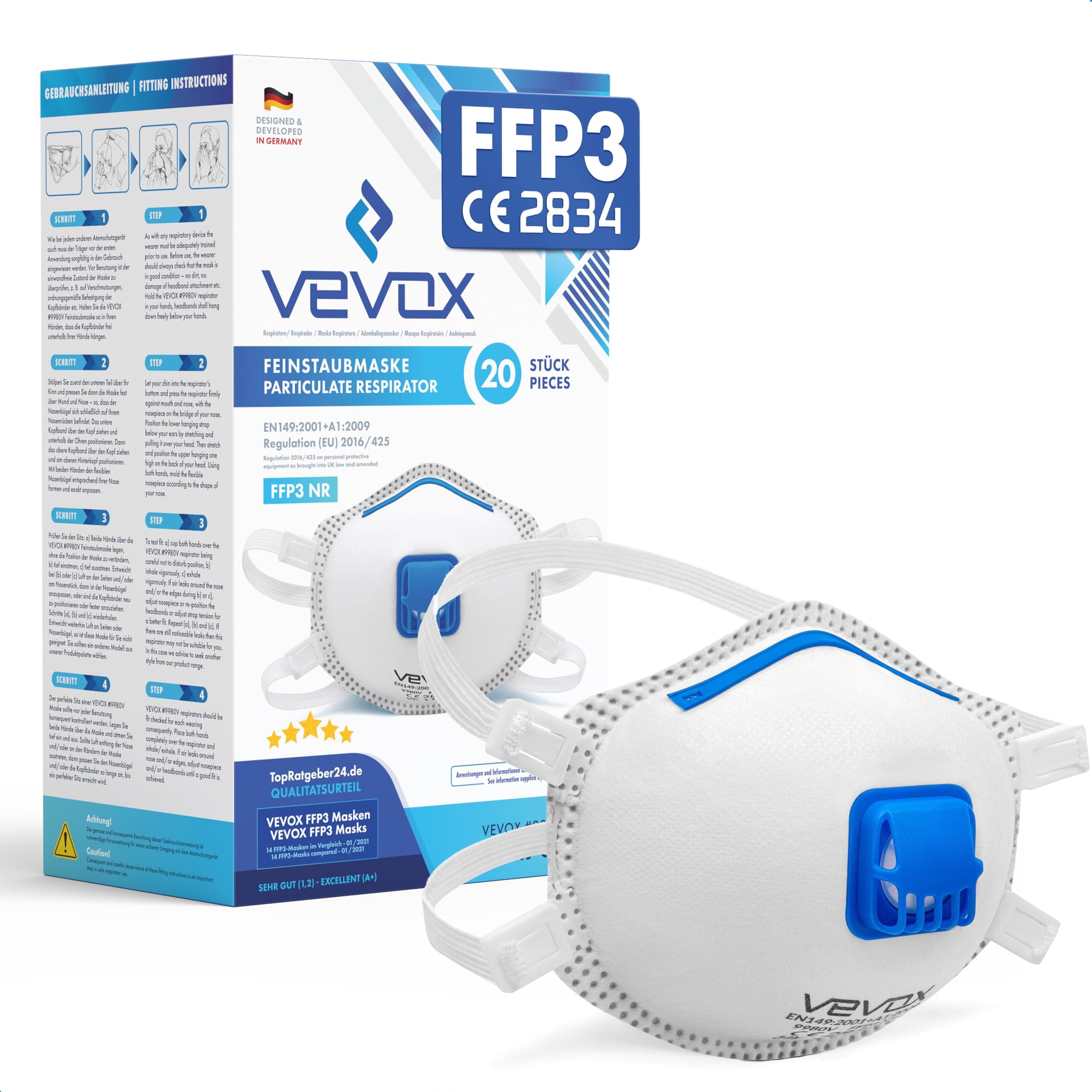 VEVOX® Mascarilla FFP3 – Lote de 20 – Mascarillas antipolvo con válvula para el trabajo, para pintores y para alergia – Protección contra el polvo fino, el moho y el amianto