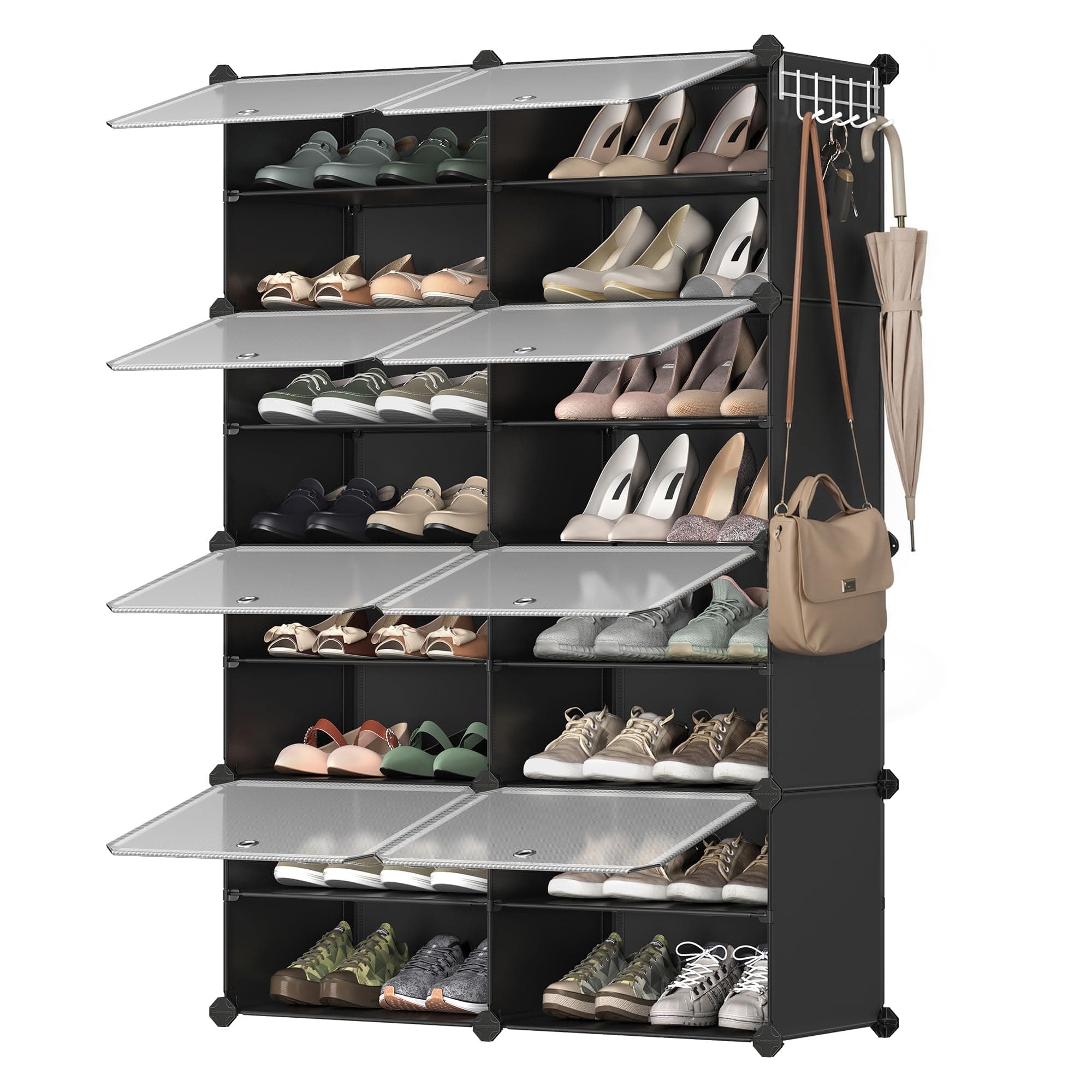 SONGMICS Scarpiera, Scaffale Modulare a 8 Scomparti per 32 Paia di Scarpe da Ingresso, con Sportelli, Telaio in Acciaio e Ripiani in Plastica, Camera da Letto, Nero e Trasparente LPC034B01