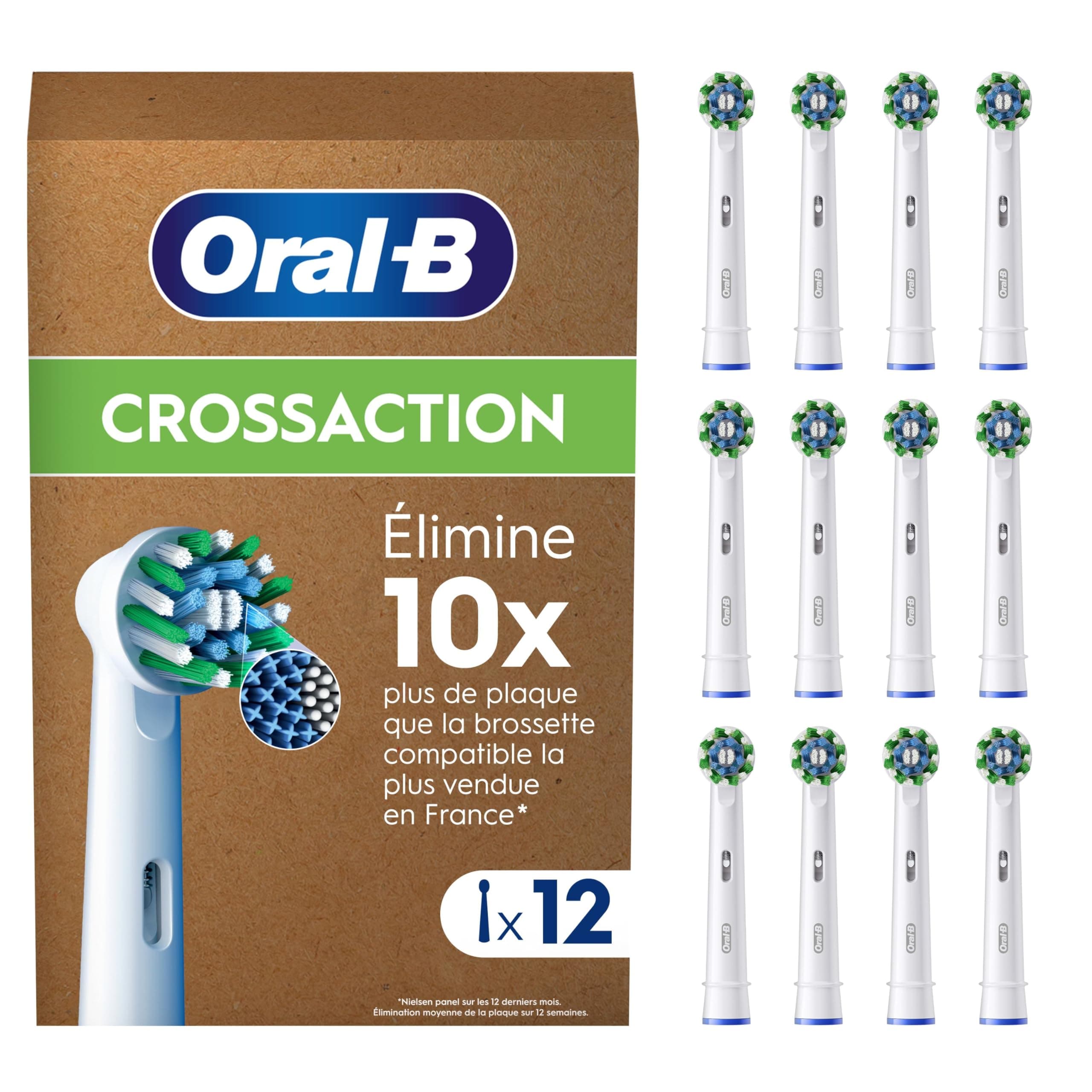 Oral-B Pro Brossettes De Rechange Cross Action ORIGINALES, Lot de 12 Embouts Ronds, Blancs, Compatibles Avec Des Brosses Electriques Oral B Pro, Filaments Pour Eliminer La Plaque Dentaire, En Carton