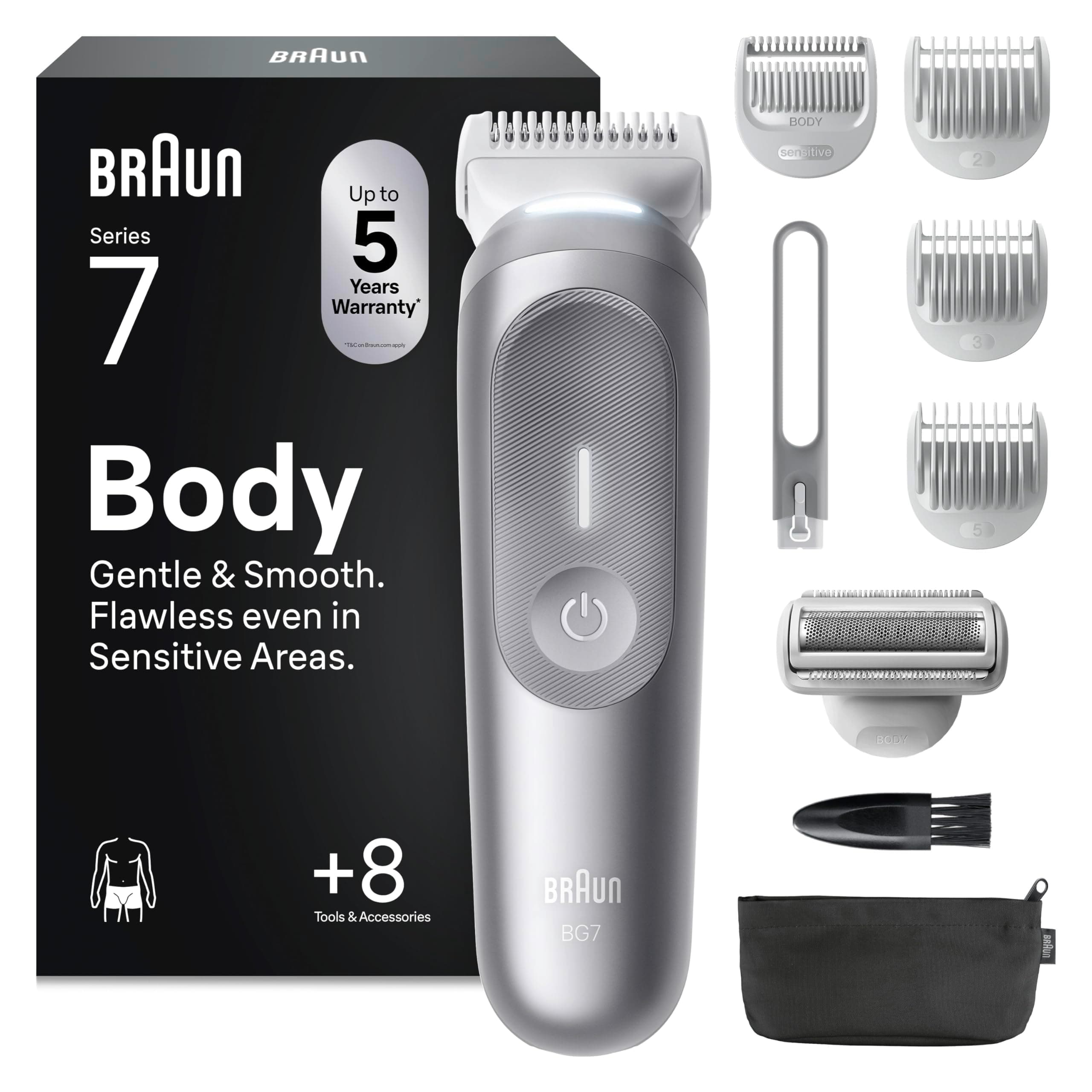 Braun Recortadora Corporal Series 7 BG7555, Afeitadora Corporal Hombre para Pieles Sensibles, +8 Accesorios de Rasurado, 100 Min de Autonomía, Recorta & Afeita, Resistente al Agua, Gris