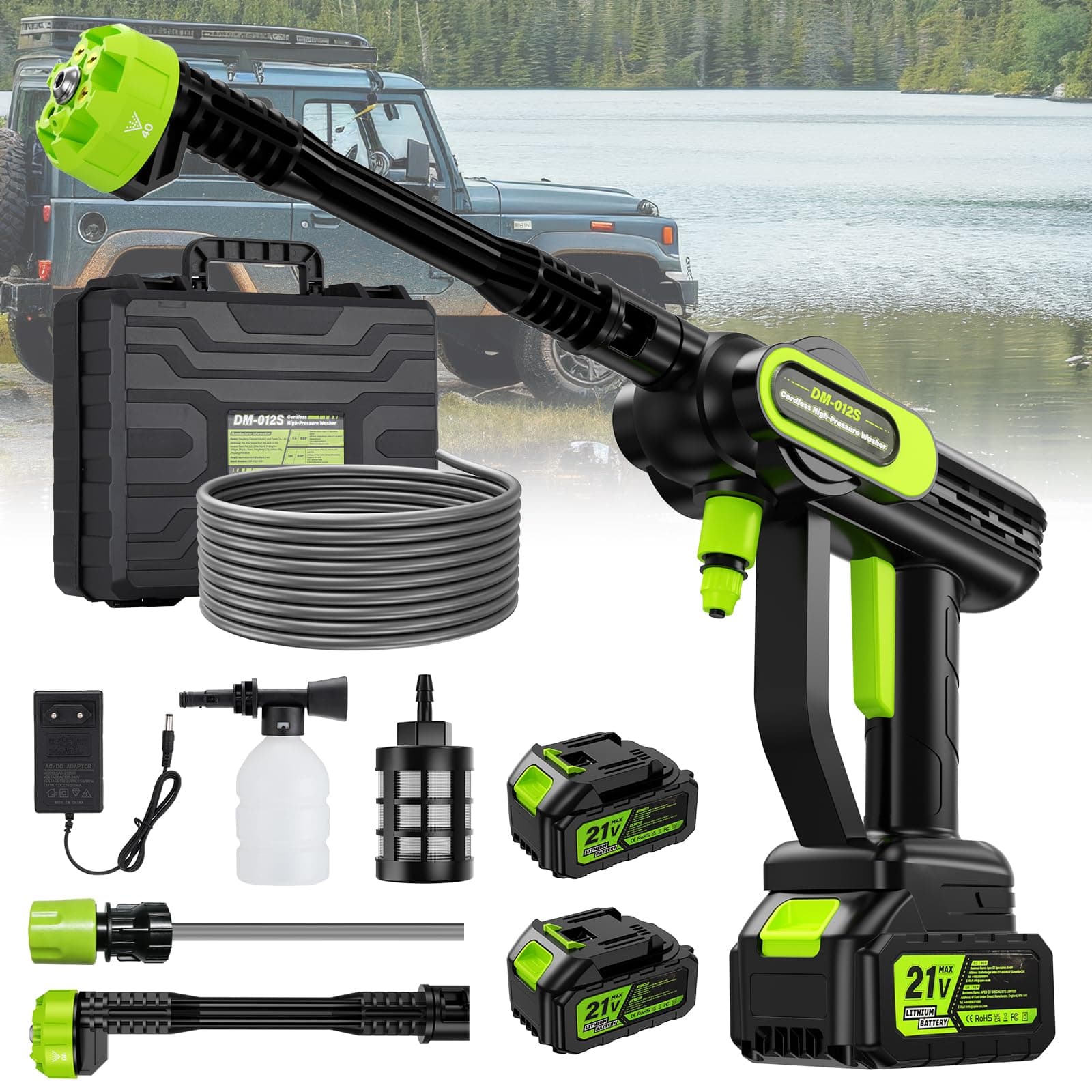 Idropulitrice a Batteria, Idropulitrice Portatile 100 Bar con 2 Batterie 4000mAh, Uscita acqua da 14 mm, Ugello 6 in 1, Tubo 5 M e Scatola Portaoggetti per Giardino, Auto e Pulizie Esterne