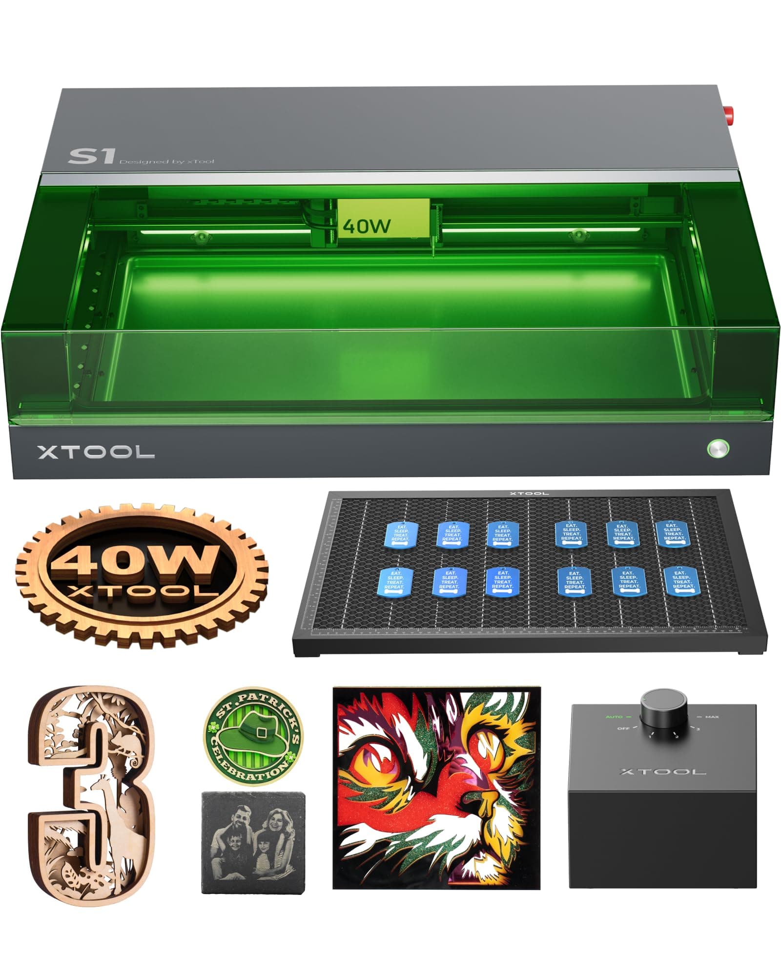xTool S1 40W Graveur Laser avec Panneau de Travail et Assistance d'air | Positionnement à Pin-Point, 600 mm/s, Découpe Laser Appropriée pour Bois, Métal, Cuir, Acrylique, Verre