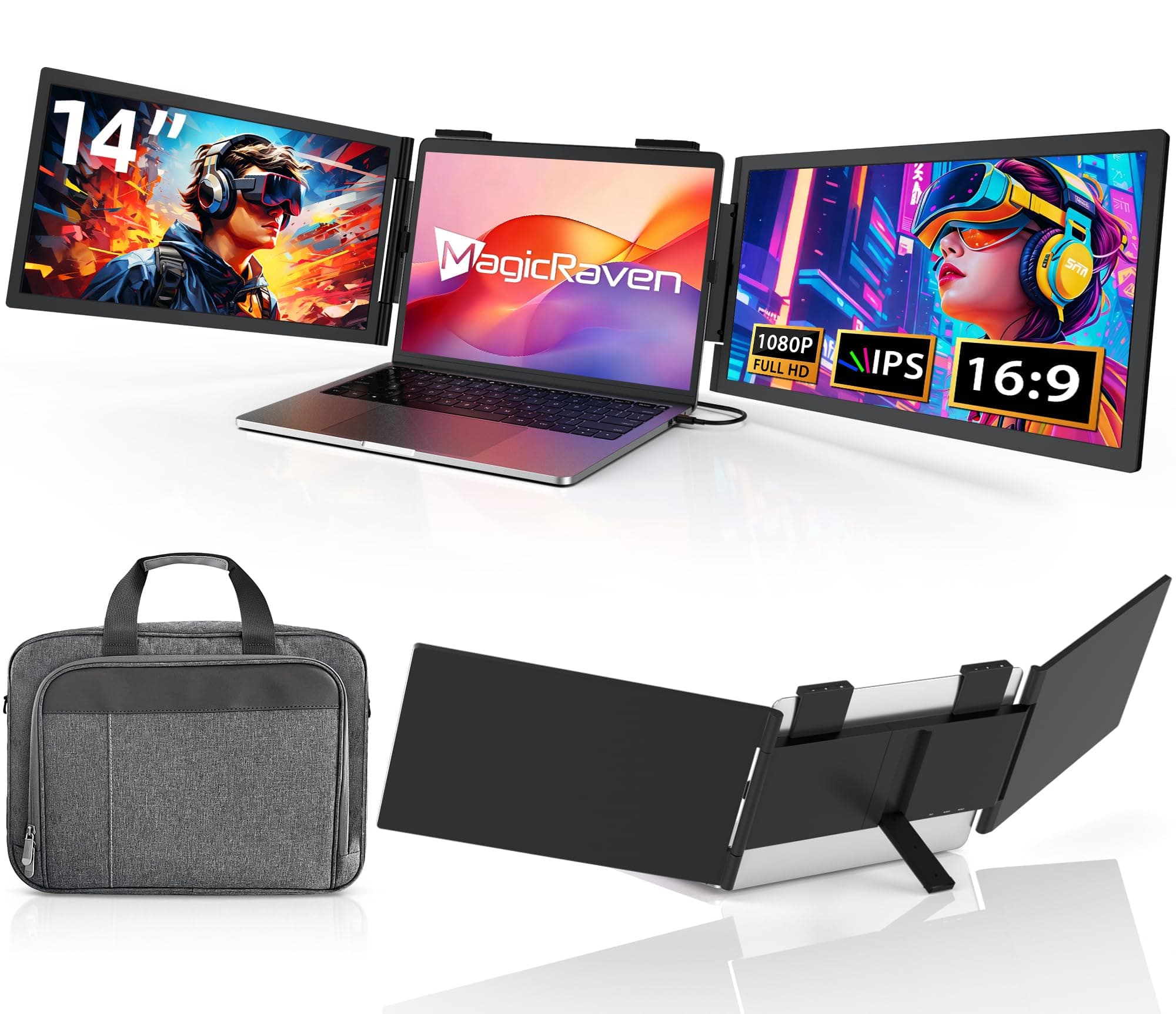 MAGICRAVEN Doble Monitor Portátil, 14" Extensor Pantalla Portatil 1080p IPS, Doble Pantalla para Portátiles 14" a 16", Portable Monitor para Windows/Mac/Chrome, USB C Plug and Play con Bolsa de Viaje