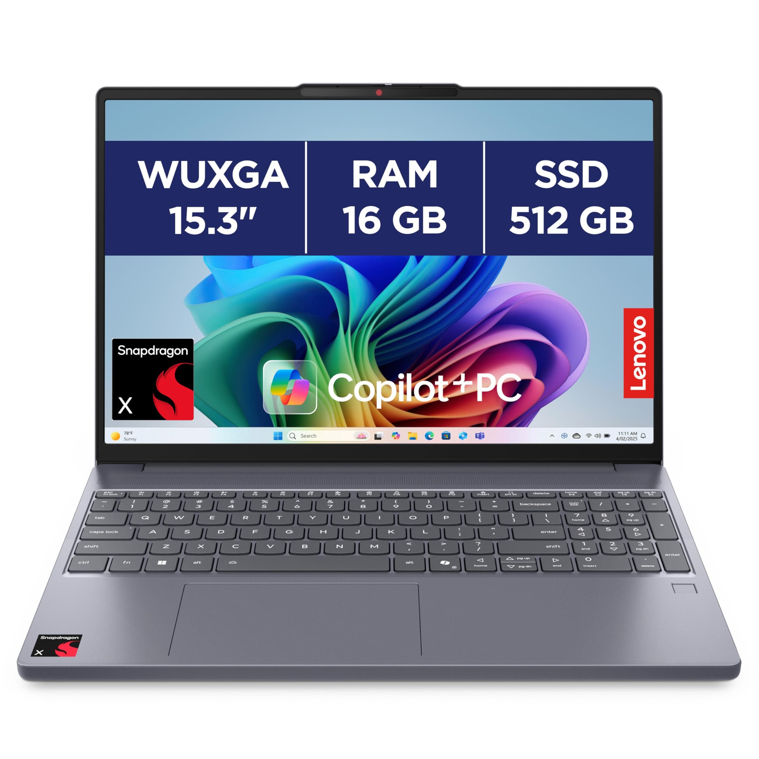 Lenovo IdeaPad Slim 3 15Q8X10 - Ordinateur Portable 15.3'' WUXGA Copilot+ (Snapdragon X X1-26-100, RAM 16Go, SSD 512Go, Qualcomm Adreno, Windows 11 Home) Clavier AZERTY Français - Gris