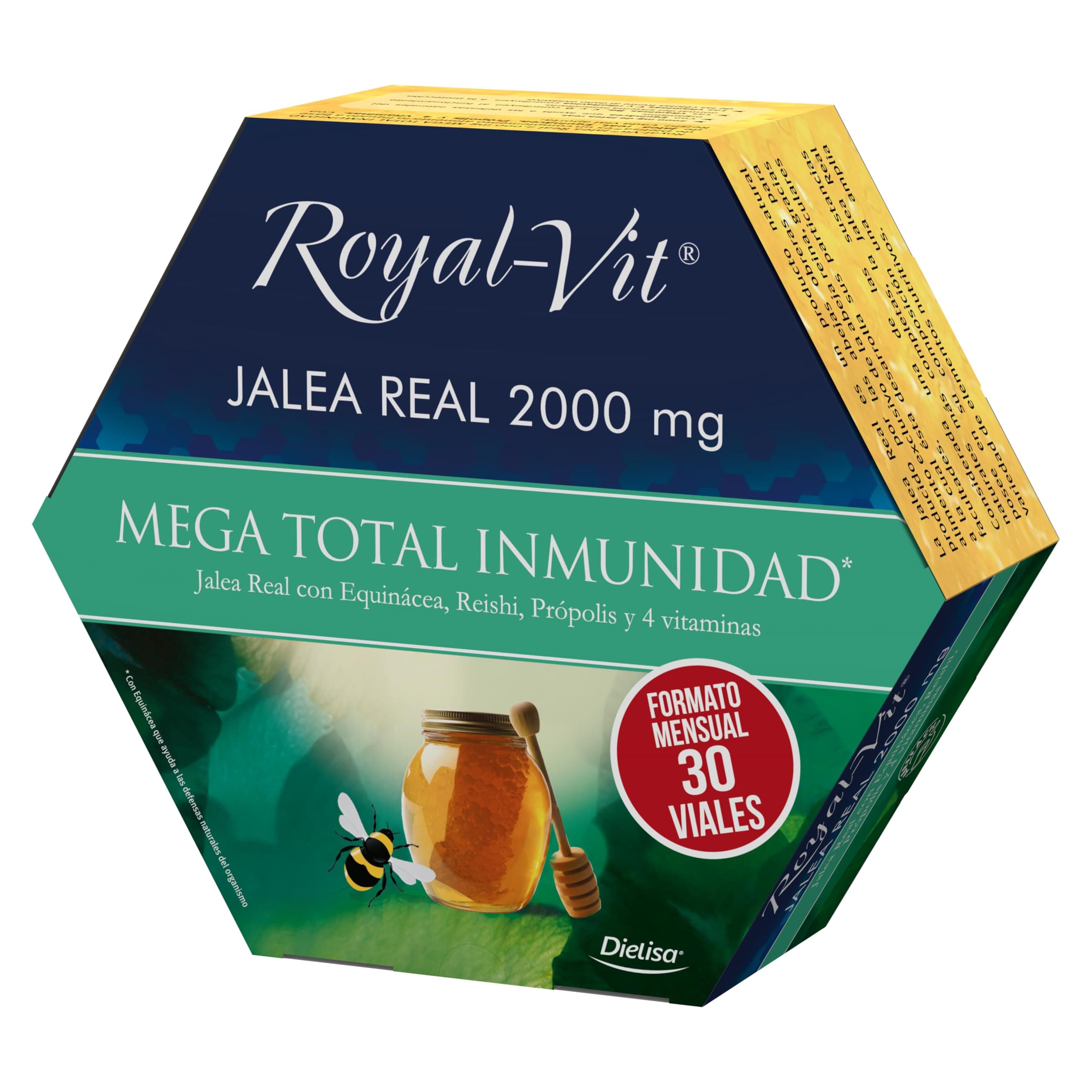 Dielisa, Royal Vit, Jalea Real 2000mg Mega Total Inmunidad, con 2000mg de Jalea Real, Reishi, Própolis y Equinácea que ayuda a las defensas naturales del organismo, Formato mensual - 30 viales