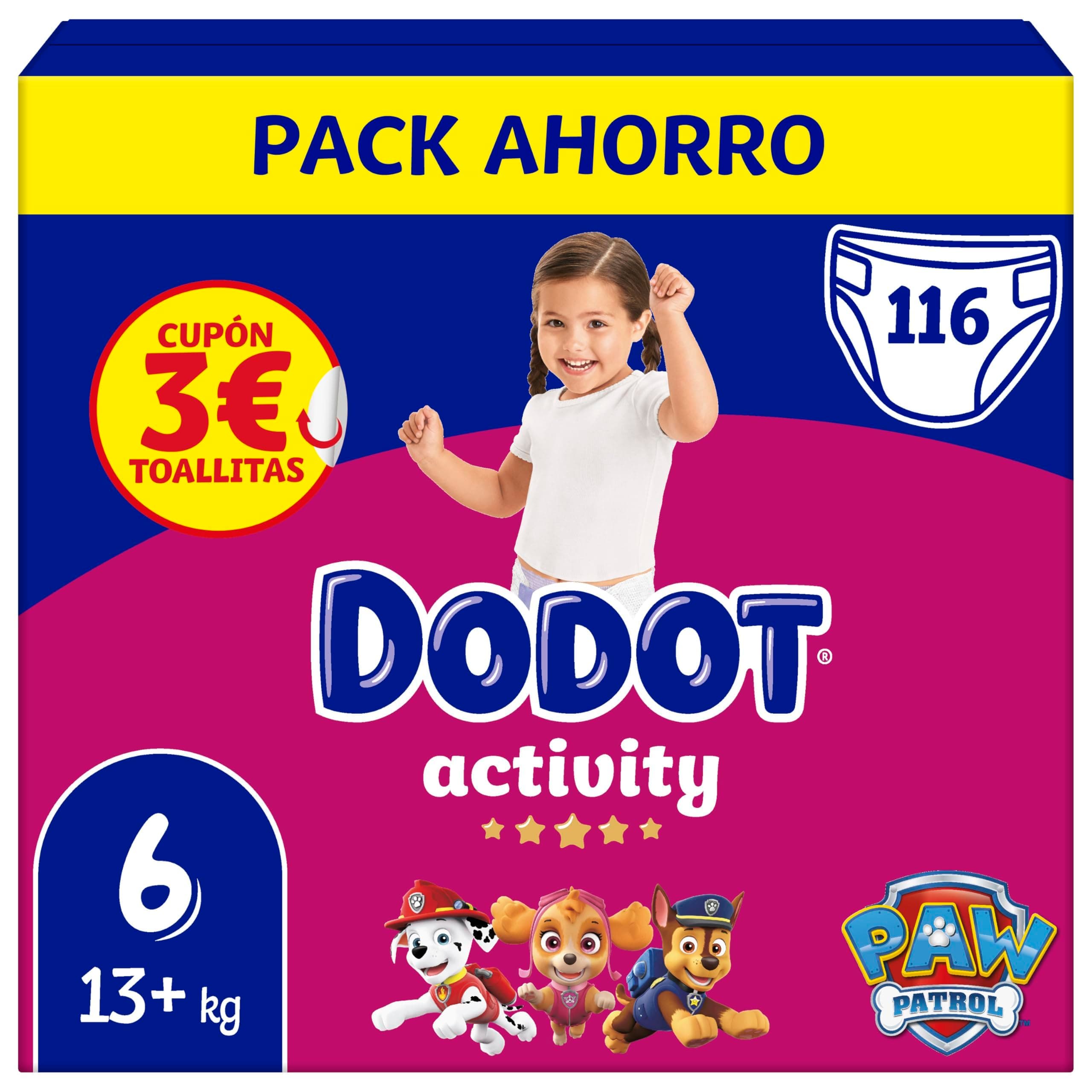 Dodot Pañales Bebé Activity, Talla 6 (13-18 kg), 116 Pañales, Hasta 12h de Protección Antifugas y Ajuste, Pack Mensual