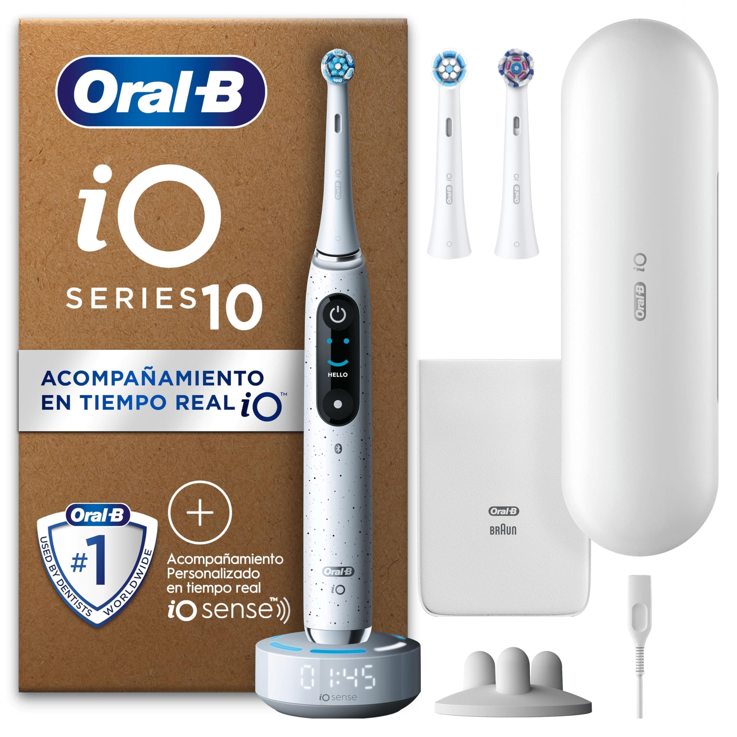 Oral-B iO 10 Cepillo de Dientes Eléctrico Blanco, con 3 Cabezales y 1 Estuche Cargador de Viaje, Diseñado por Braun