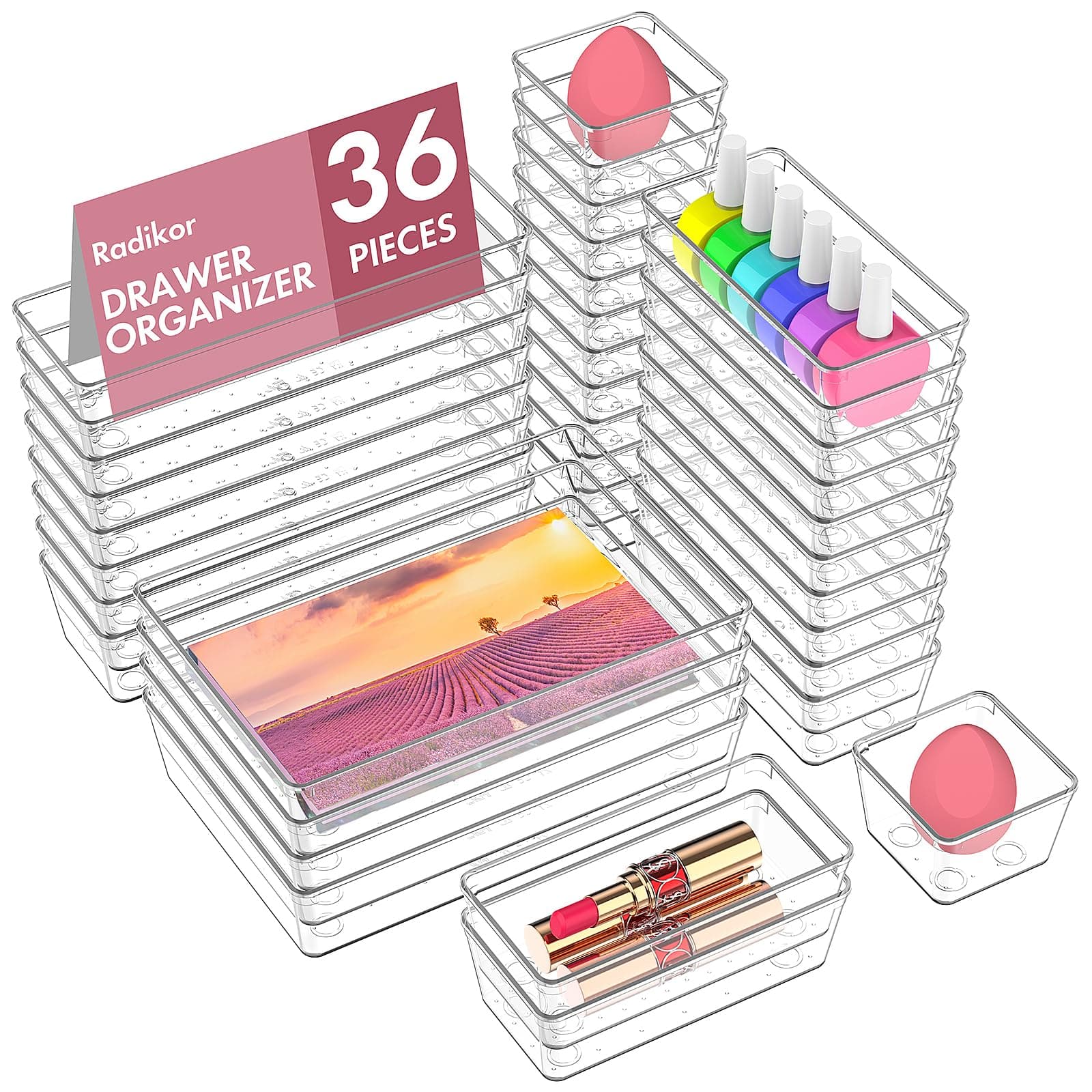 Radikor 36 Piezas Organizadores de Cajones de Plástico Transparente, Separadores de Cajones de Escritorio de 4 Tamaños, Bandejas de Almacenaje para Maquillaje, Baño, Oficina, Cocina