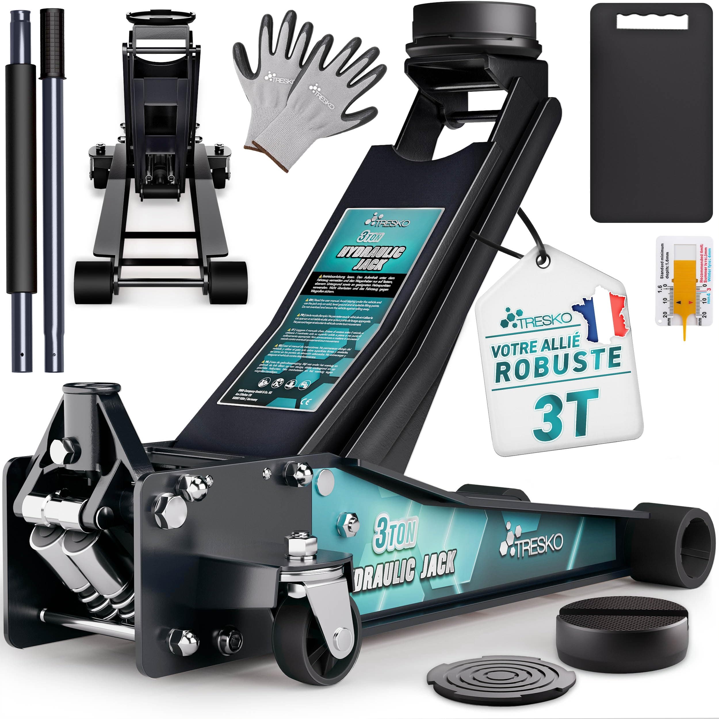 TRESKO Cric hydraulique 3 t - Hauteur de levage 75 à 510 mm - Cric hydraulique pour voiture - Cric plat avec double piston et roulettes à 360° - Avec 2 patins en caoutchouc, tapis de protection, gants