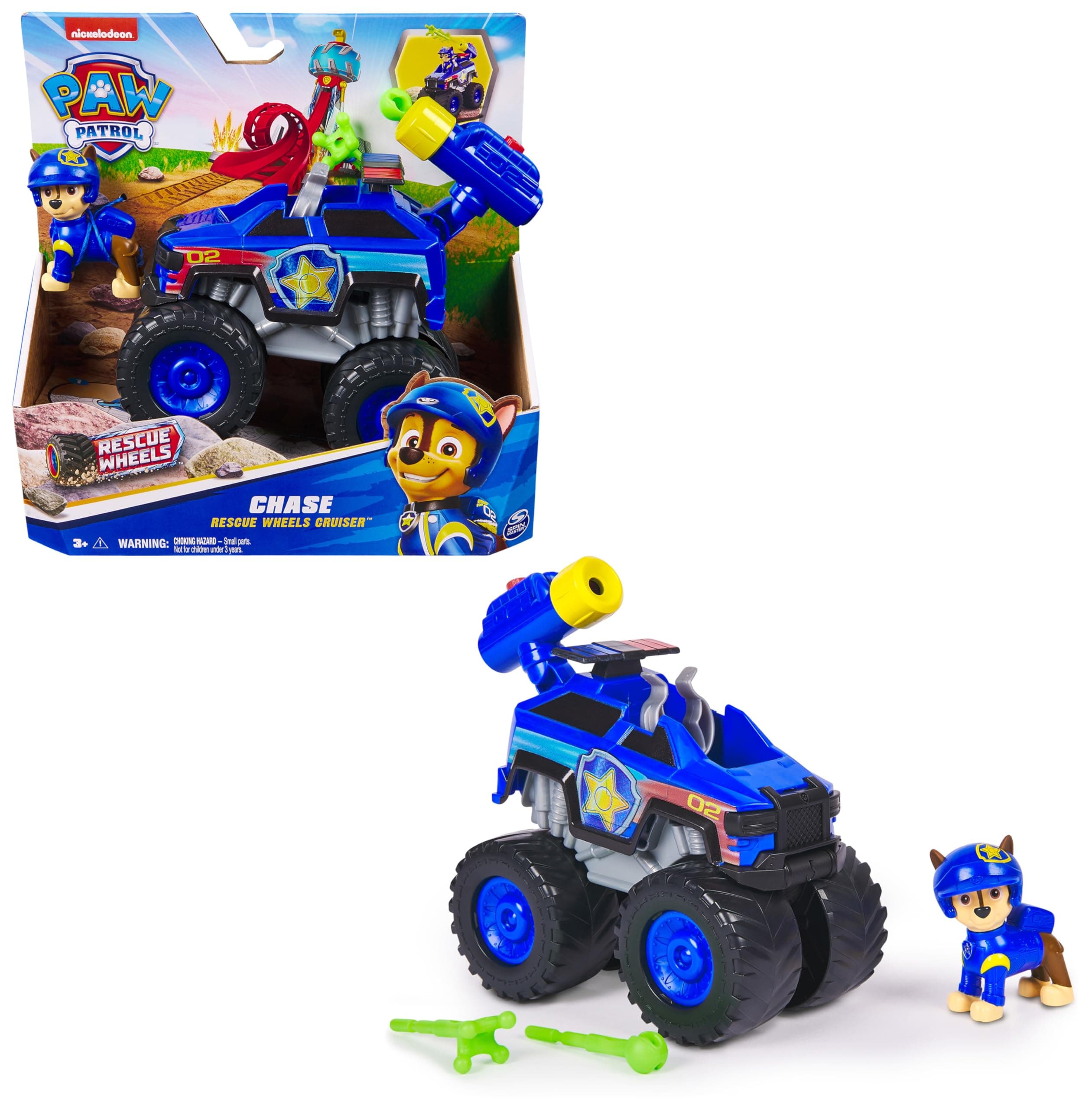PAW PATROL Rescue Wheels - Chases Monstertruck Fahrzeug mit Geschoss-Abwurf und Chase Hundefigur, Spielzeug für Kinder ab 3 Jahren