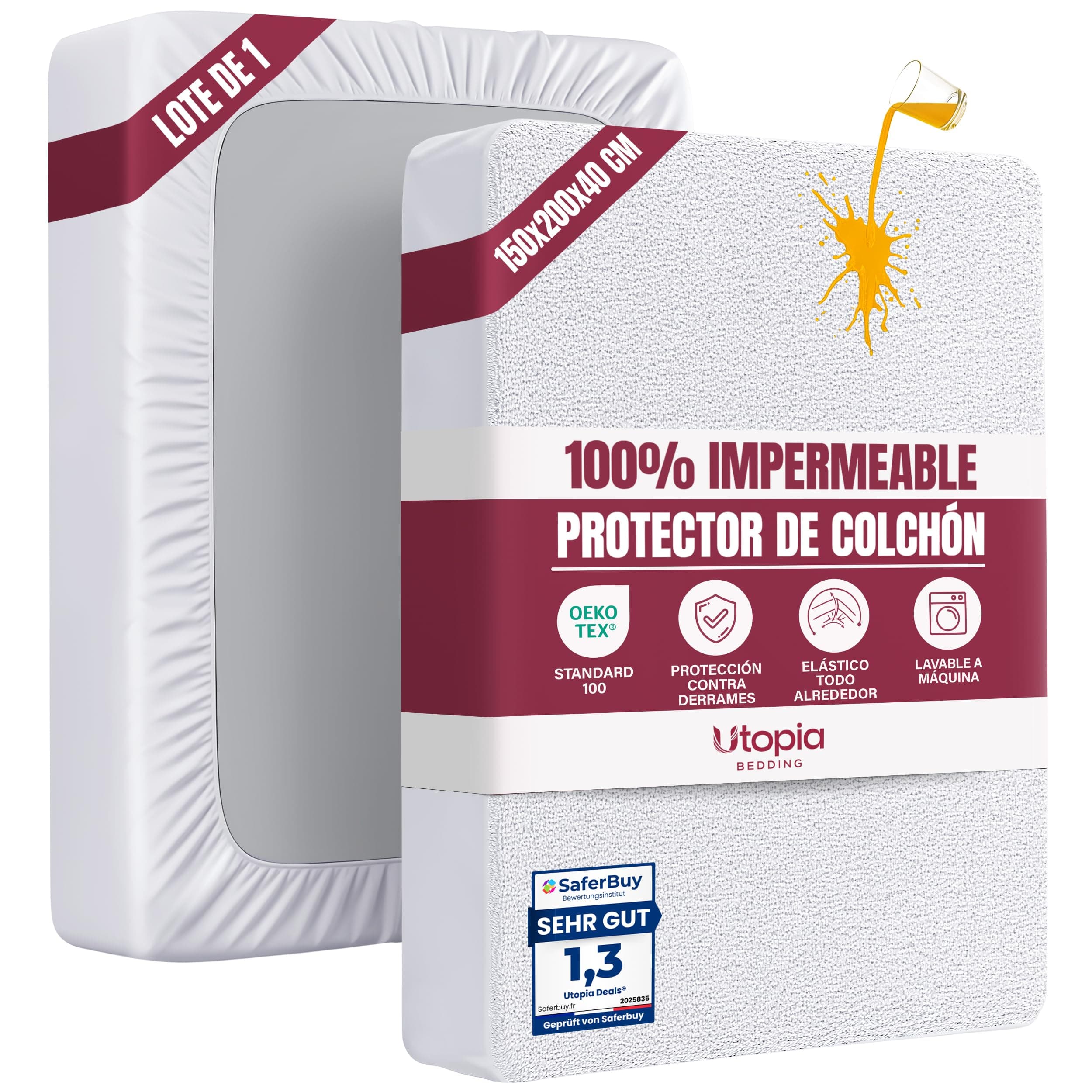 Utopia Bedding Protector Colchón 150 x 200 x 40 cm Impermeable, Certificación Oeko-Tex Funda Colchón, Cubre Colchón Transpirable, Elástico En Todo El Contorno