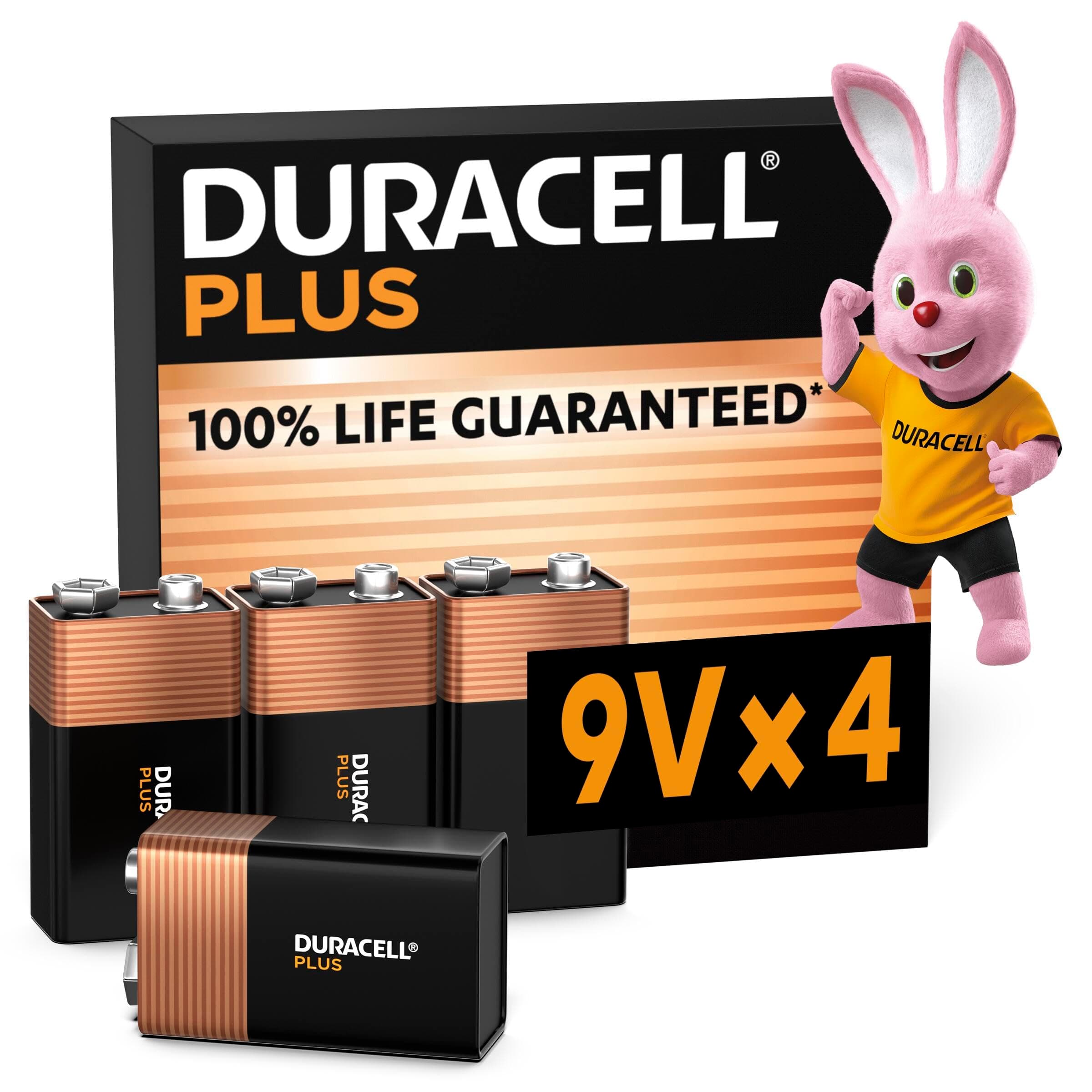DURACELL Batterie Plus 9V (pacco da 4) - Pile Alcaline - Fino al 100% di extra durata - Affidabilità per i dispositivi a uso quotidiano - 0% plastica - 5 anni di conservazione - 6LR61 MN1604