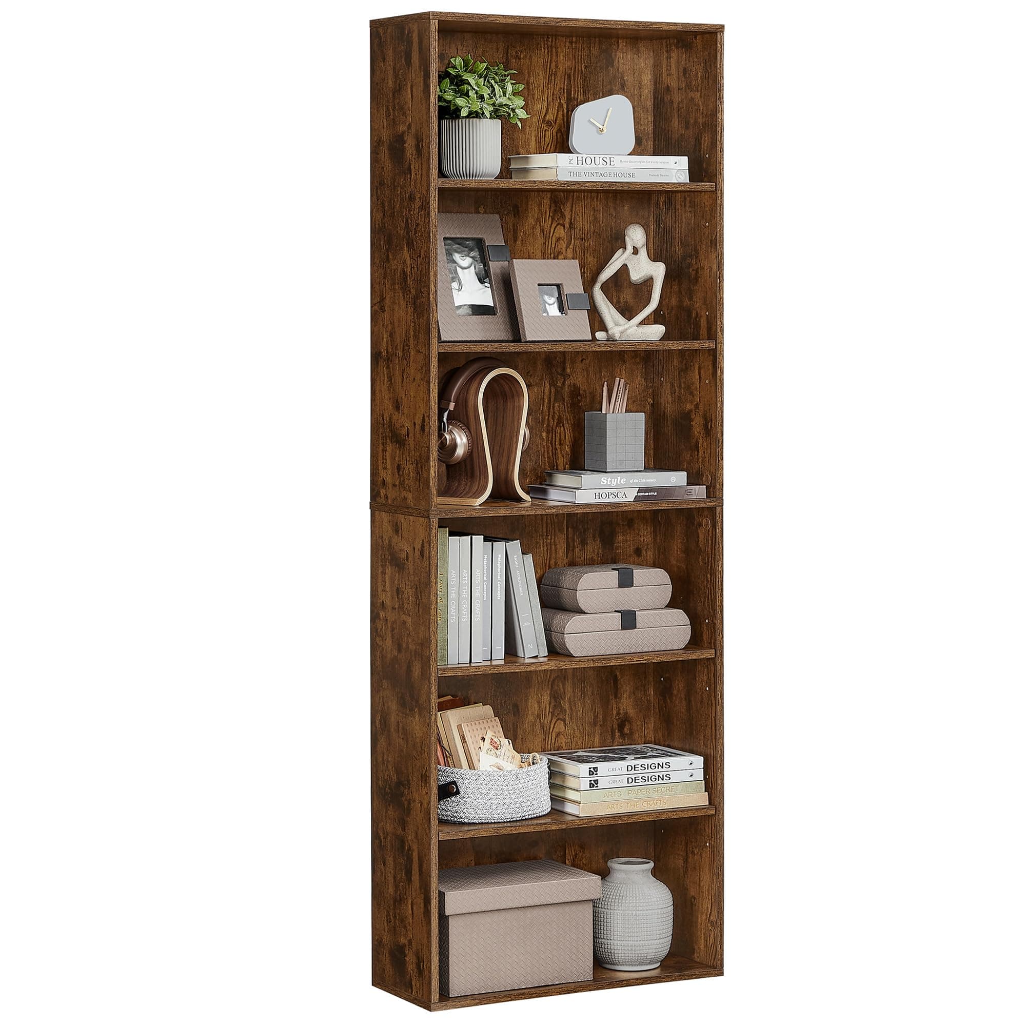 VASAGLE Bücherregal, 6-stöckiges Regal, offenes Aufbewahrungsregal, Standregal, 24 x 60 x 178,5 cm, für Wohnzimmer, Homeoffice, Esszimmer, vintagebraun LBC169K01