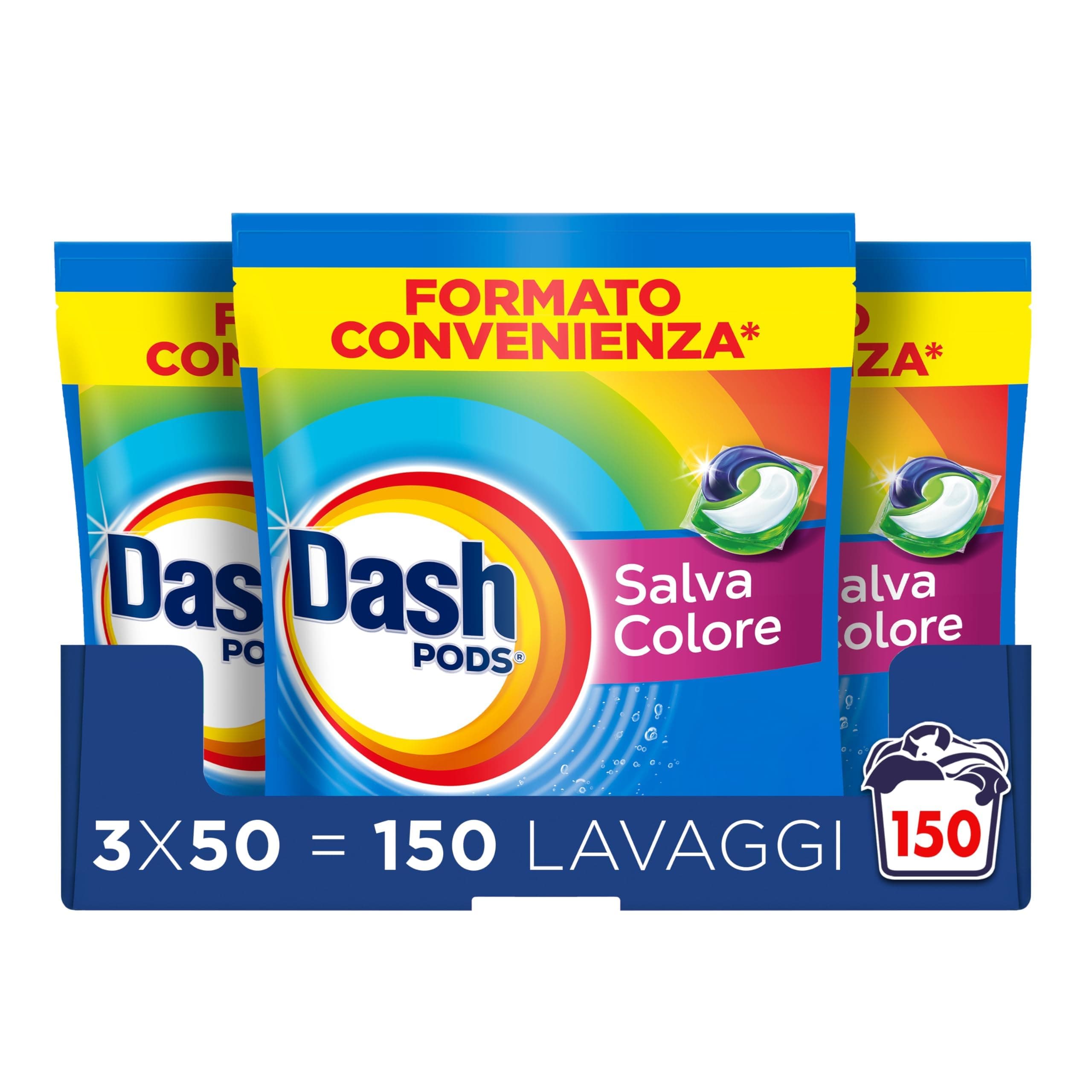 Dash Pods Detersivo In Capsule, 3x50 Lavaggi, Salva Colore, Rimuove Le Macchie, Igienizza, Brillantezza Per I Capi