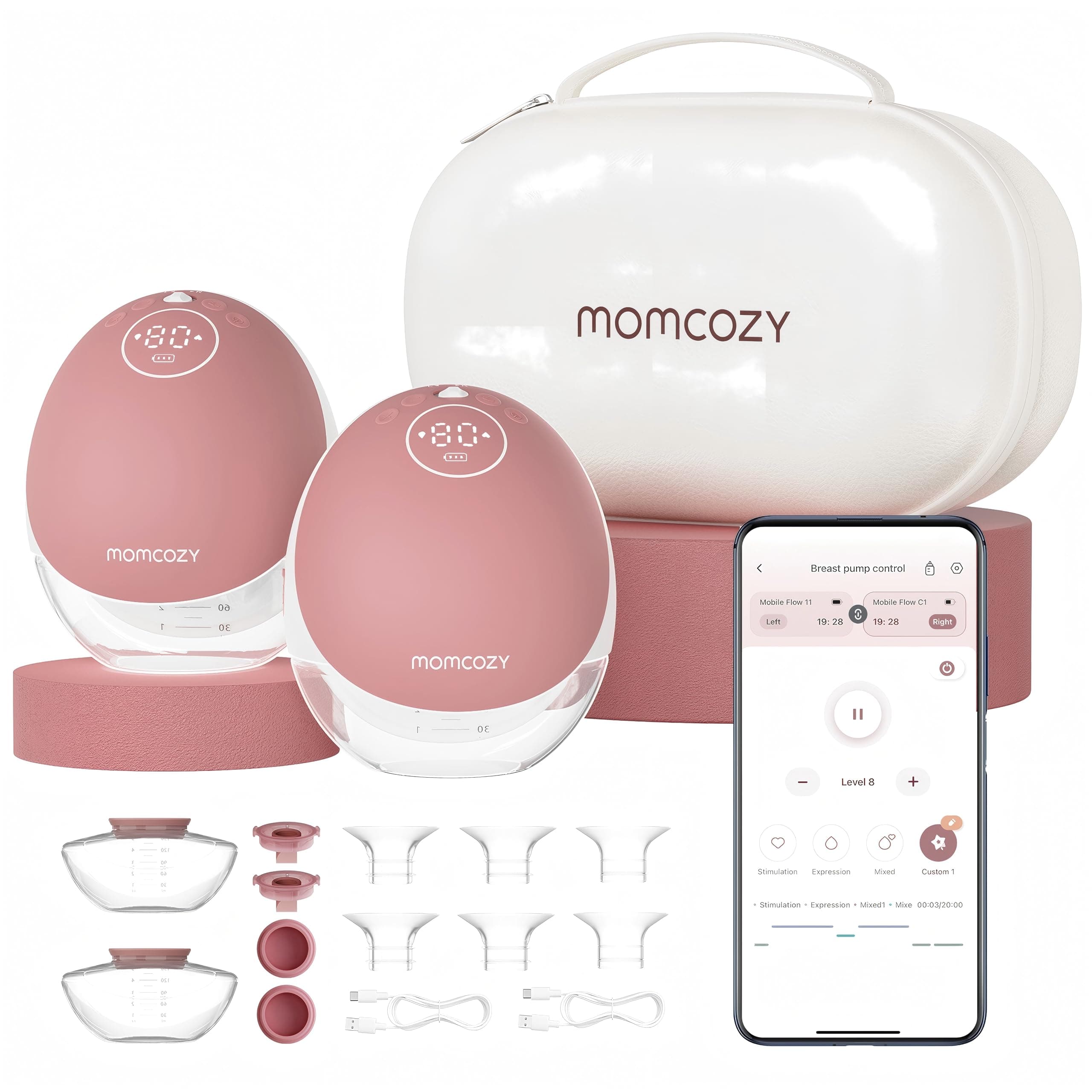 Momcozy Freihändige Milchpumpe Mobile Flow | M9 Upgrade, Elektrisch & App-Steuerung, Personalisierte Multi-Modi & 15 Stufen, Tragbare Pumpe, 24 mm (Rot, 2 Stück)
