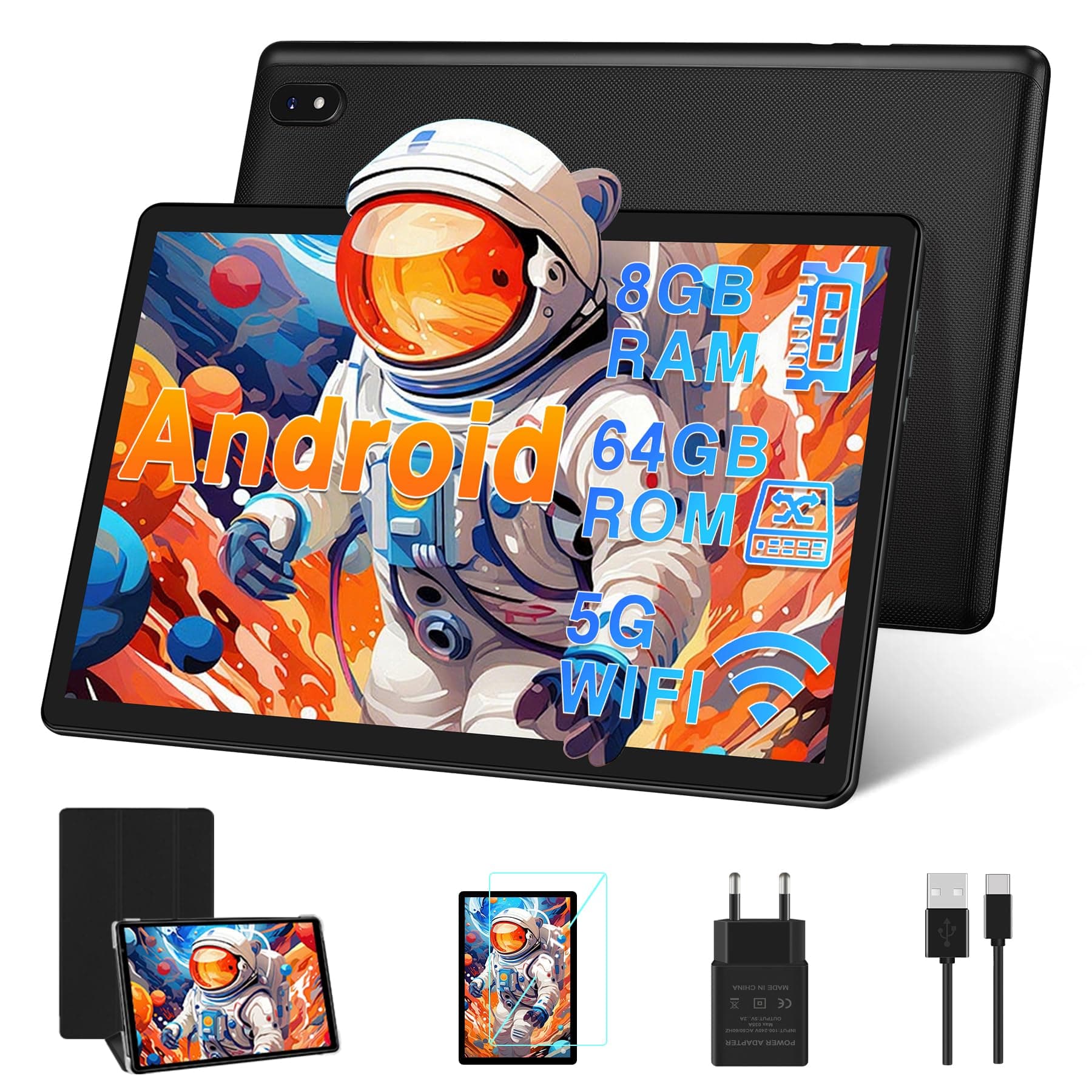 DMOAO Tablette 10 Pouces 4Go RAM(Extensible jusqu'à 8 Go) 64Go ROM 1TB Extensible, Tablette Android avec 5G WiFi, Bluetooth 5.0, 8 cœurs 2.0 GHz, 6000mAh, 1280 * 800, Type-C, Tablette Tactile, Noir