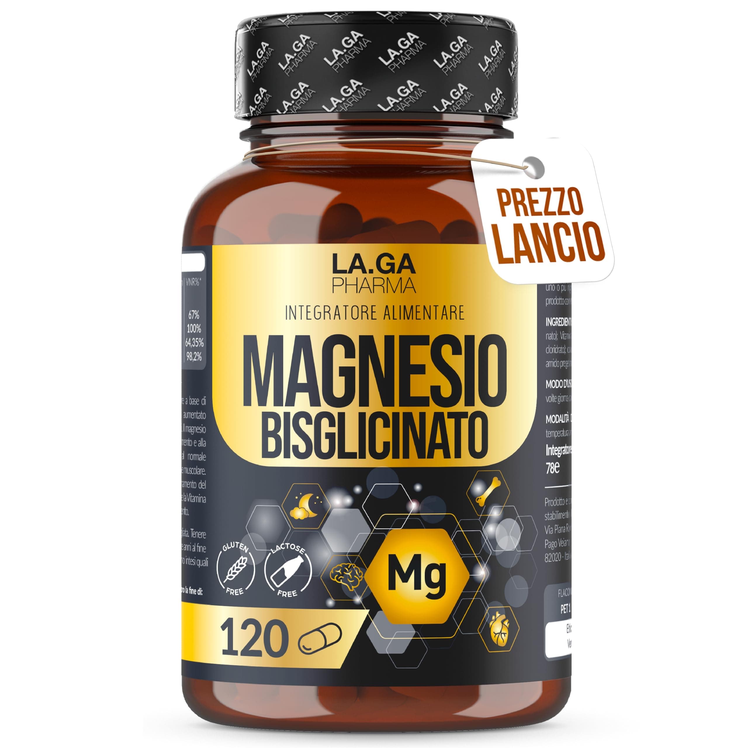 MAGNESIO BISGLICINATO (Fornitura Fino a 4 Mesi), Magnesio Completo 120 Capsule con Vitamine B5, B6 e B1. Integratore Stanchezza e Stress. Senza Glutine e Senza Lattosio, Made In Italy. LAGA PHARMA