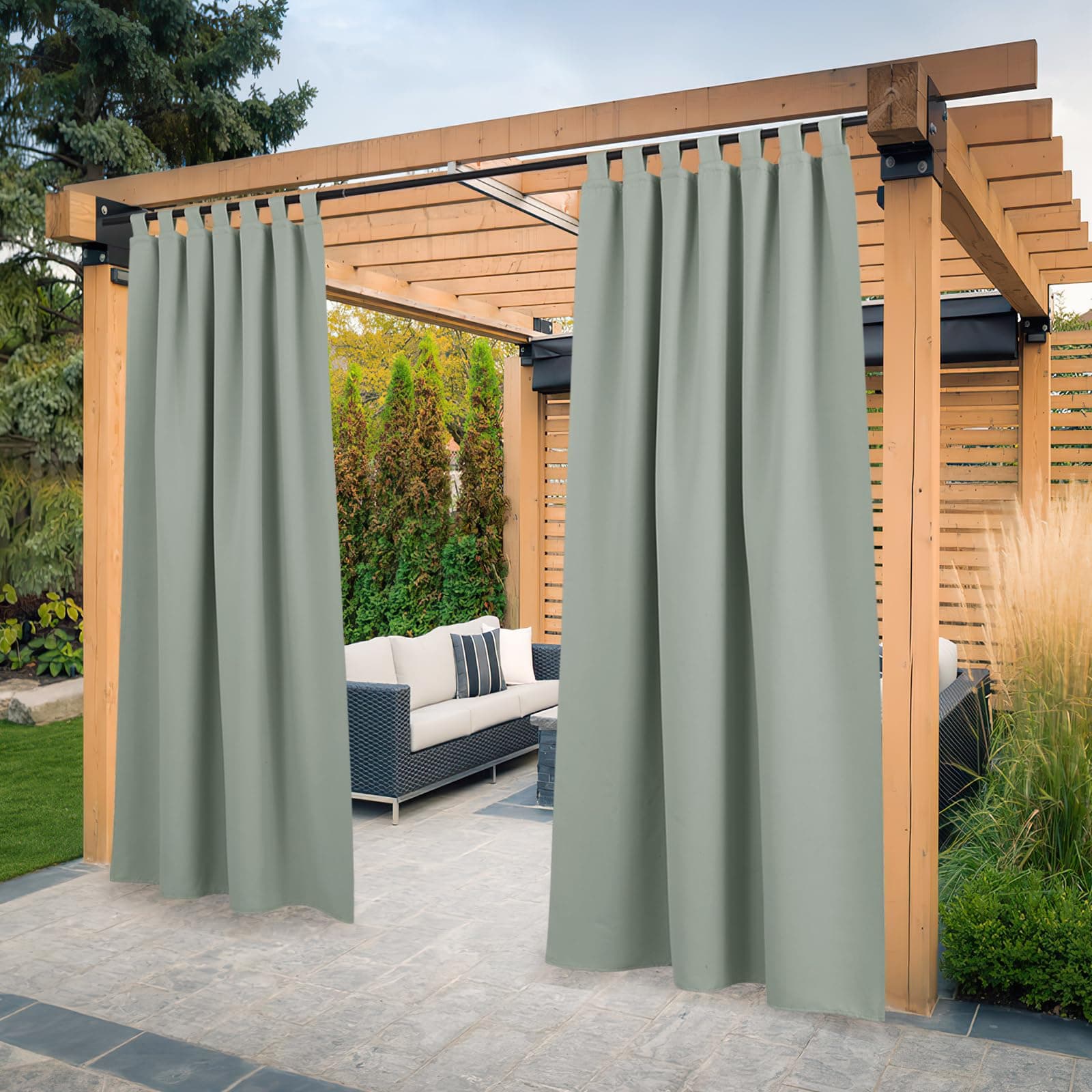 PONY DANCE Balkon Vorhang Sichtschutz Outdoorvorhang Wetterfest 2er Set H 213 x B 132 cm Outdoor Gardinen Wasserdicht Terrasse Vorhänge mit Abnehmbaren Schlaufen, Salbeigrün