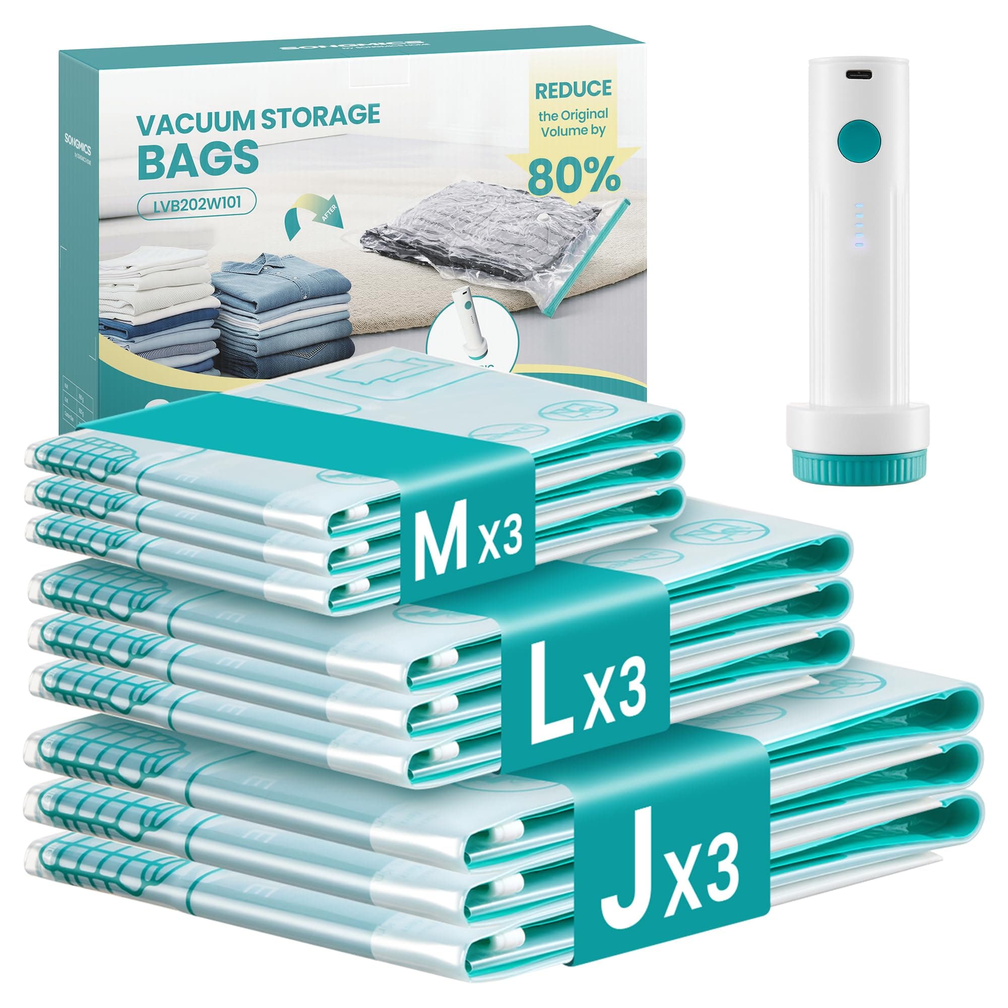 SONGMICS Housses de Rangement sous Vide avec Pompe Électrique Rechargeable, Sacs sous Vide pour Vêtement, Drap, Placard, Voyage, Réutilisable, 9 Pièces, 3M/3L/3J, Transparent LVB202W101