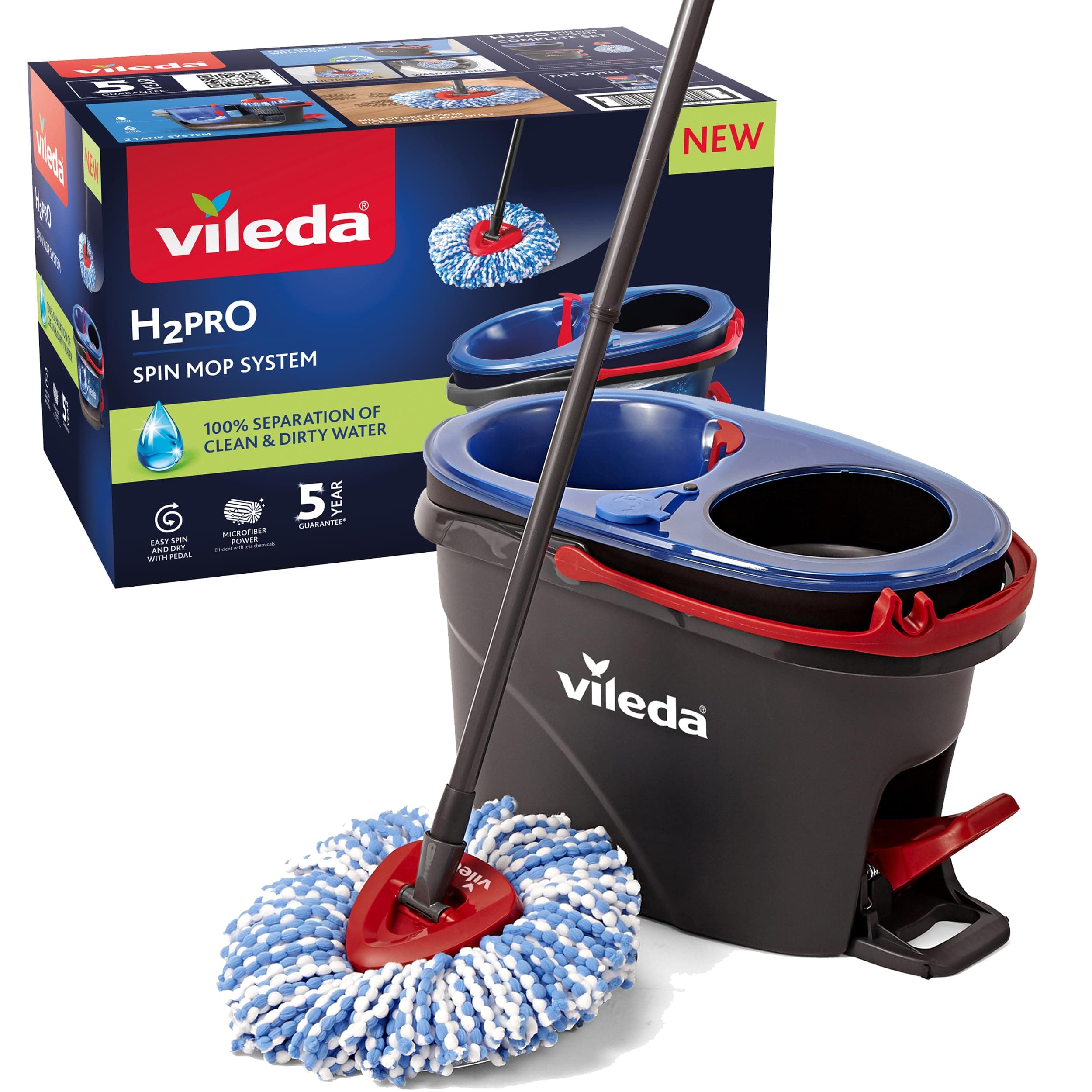 Vileda H2PrO Spin mop, Sistema de fregado, Doble depósito de separación de Agua, Escurrido sin Esfuerzo, Limpieza con Microfibra, Manos Libres, Diseño ergonómico, Color Gris Rojo y Azul
