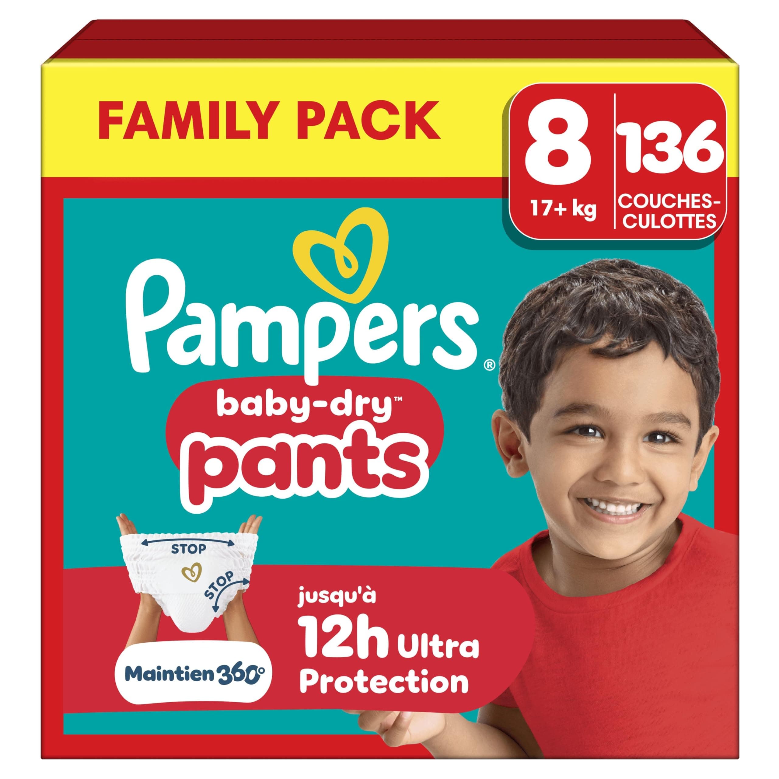 Pampers Baby-Dry Pants, Taille 8, 136 Couches-Culottes, 17kg+, Protection 360° contre les fuites jour et nuit, Family Pack