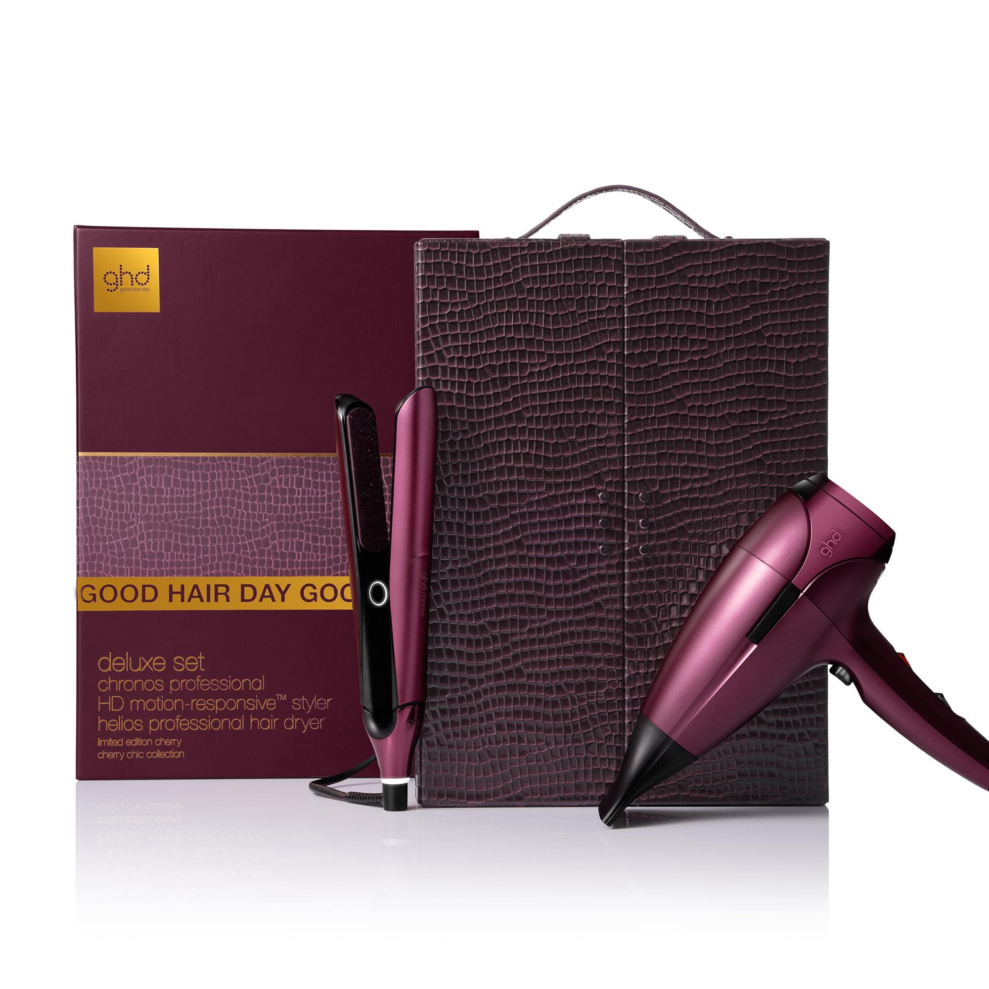 ghd Chronos Plancha de pelo y Secador Helios Rojo Cereza con estuche Cherry Chic Deluxe – La styler más avanzada, secador profesional y rápido