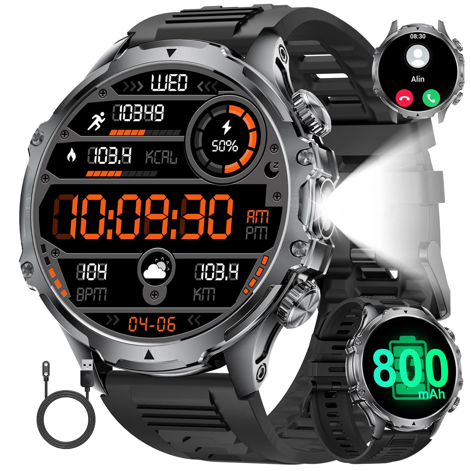 LIGE Reloj Inteligente Hombre Militar con Llamadas,800mAh Smartwatch Hombre con 1,85" HD/5ATM Impermeable/LED Linterna/110+ Modos Deportivos/SpO2/Pulsómetro Pulsera Actividad Android iOS