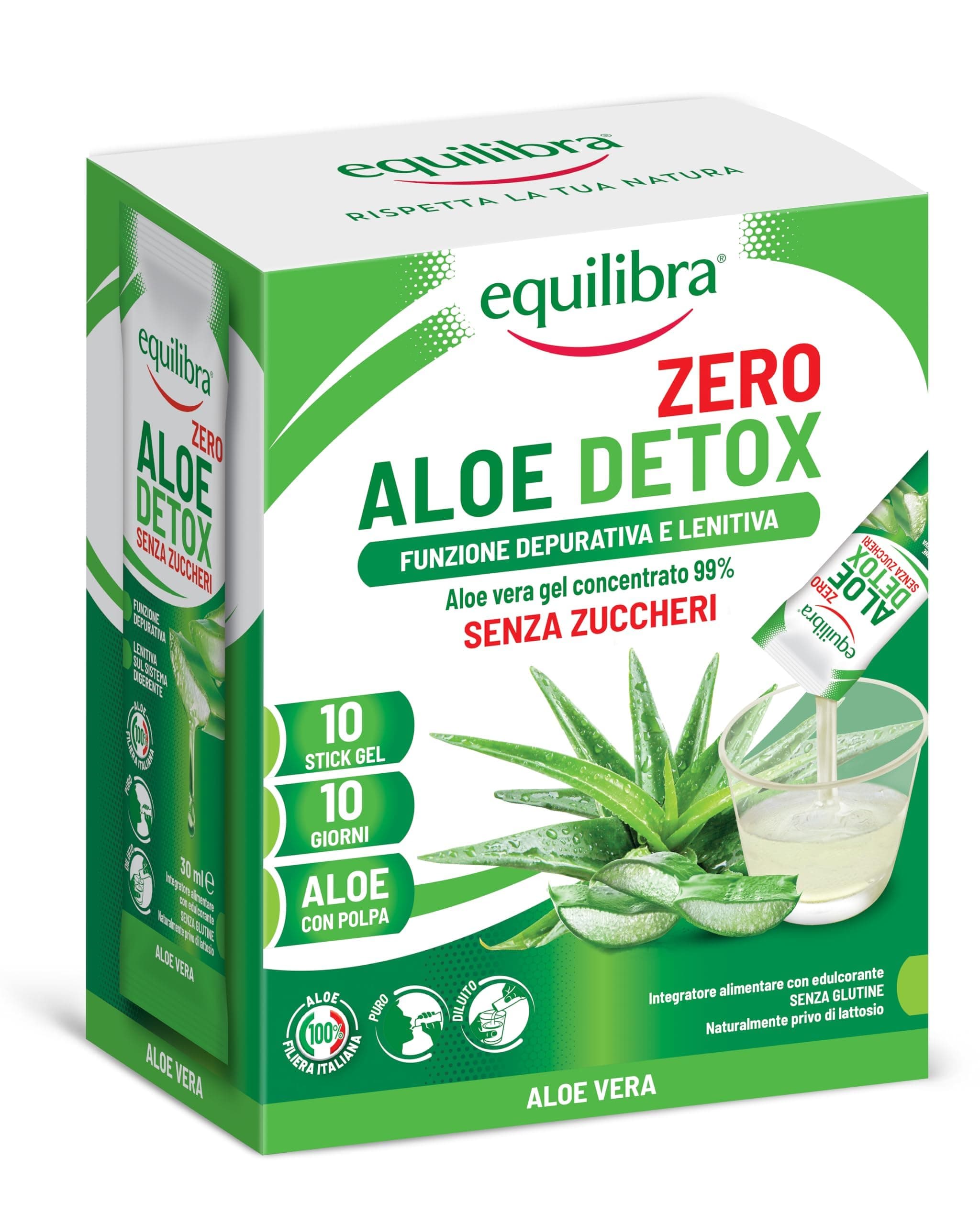 Equilibra Aloe Detox Zero, Aloe Vera Gel Concentrato 99%, 10 stick da 30 ml, Filiera 100% italiana, con Polpa, Senza zuccheri, Funzione Depurativa e Lenitiva, Da Bere Puro o Diluito in Acqua