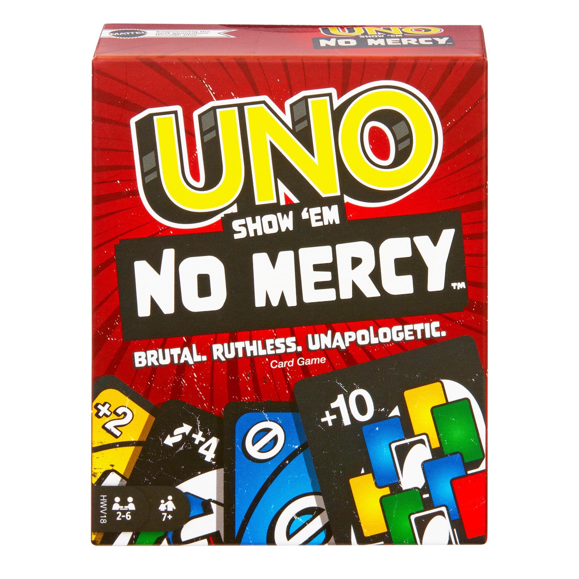 Mattel Games - UNO No Mercy, la Versione di Uno più brutale di Sempre, con 56 Nuove Carte, Regole Speciali e Carte Azione spietate, Come Pesca 6 e Pesca 10, 7+ Anni, HWV18