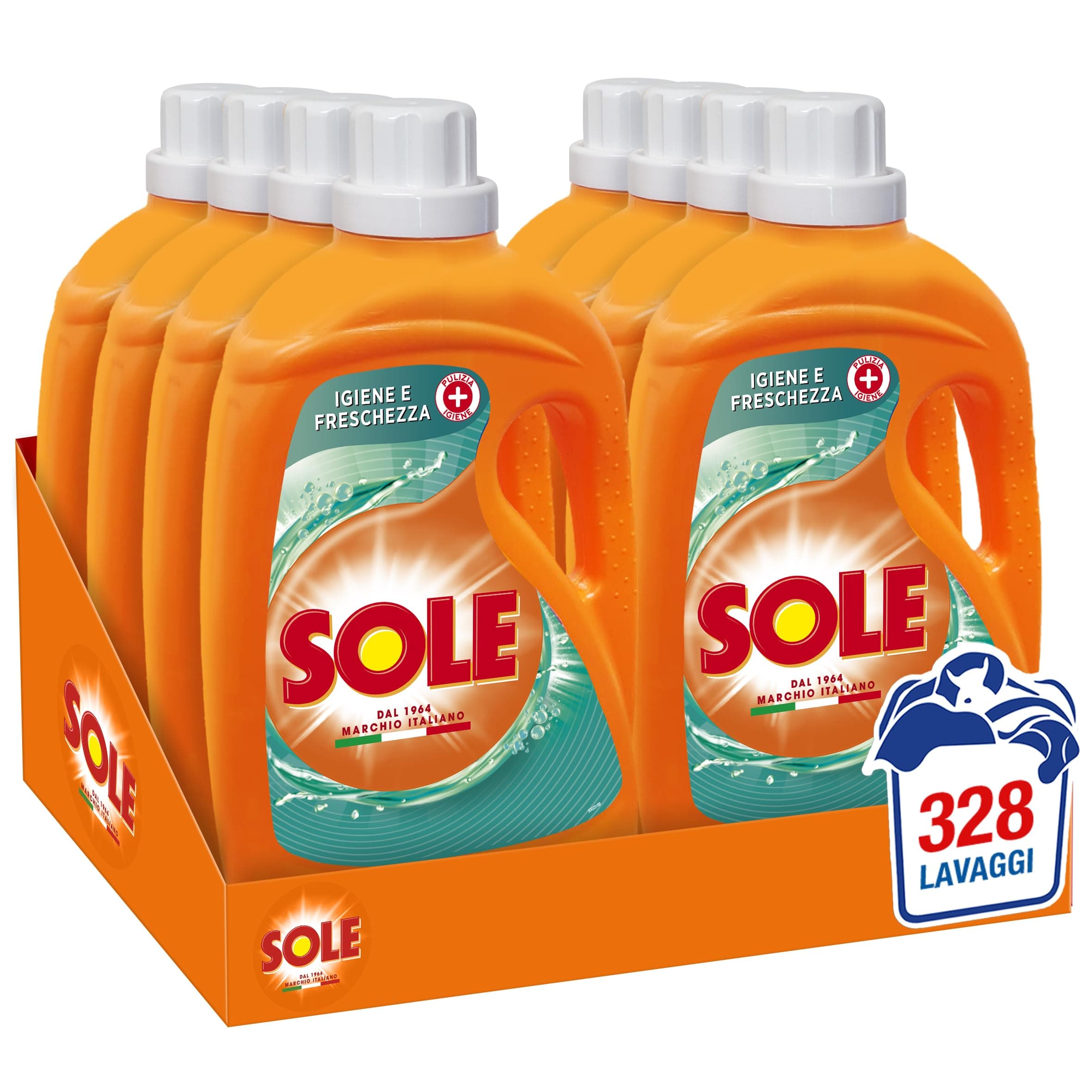 Sole Detersivo Lavatrice Liquido Igiene e Freschezza 328 Lavaggi, Formula Igienizzante, 8 Confezioni da 41 Lavaggi