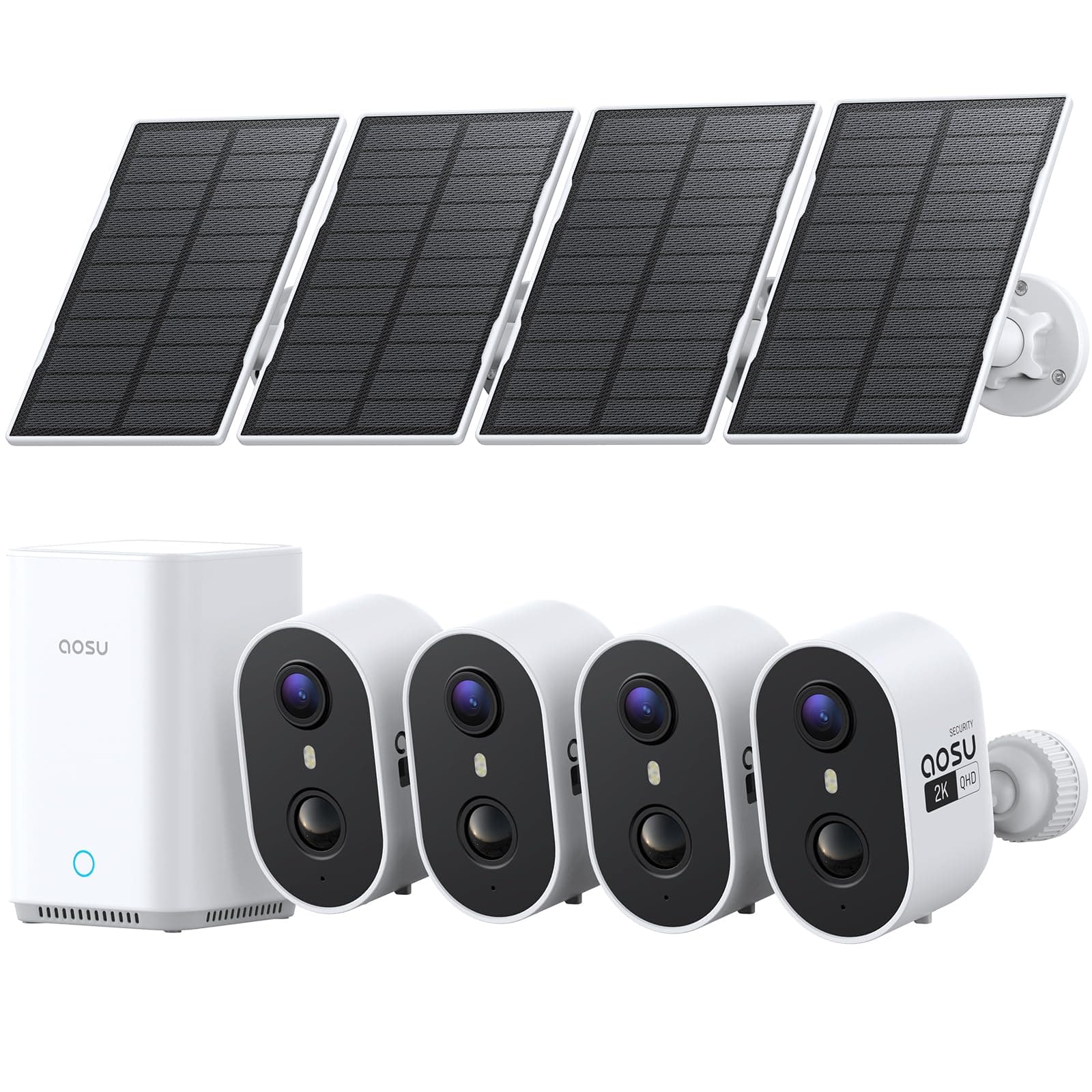 aosu 2K Camera Surveillance WiFi Exterieure sans Fil Solaire, Kit 4 Caméras avec aosuBase, sans Abonnement Stockage Local, Alarme Son Lumière Vision Nocturne Couleur AI PIR Détection 4 Vues en Direct