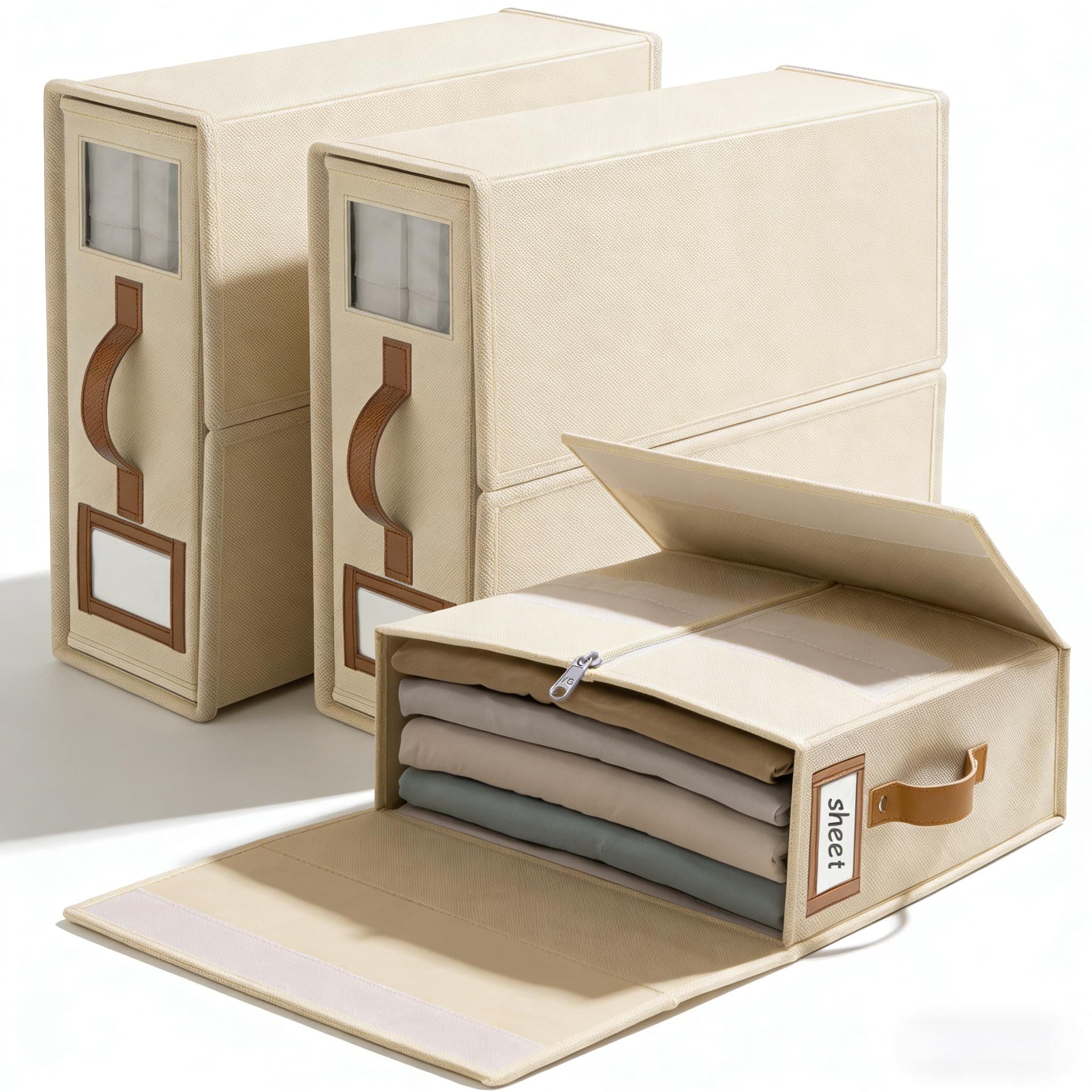 SwartLife Lot de 3 Rangement Drap de Lit en Lin - Organisateur de Linge de Maison Pliable pour Draps King Size & Couettes - Boîte de Rangement Armoire avec Fenêtre & Étiquette - Ivoire