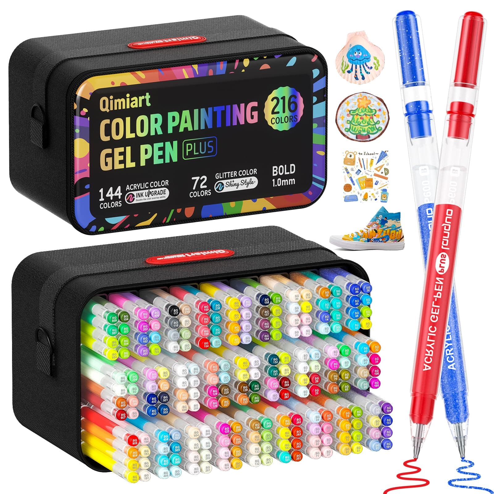 TrendGate 216 Stylo Gel Acrylique, Pointe 1 mm Gen Pen, 216 Couleurs Set de (144 Feutre Acryliques + 72 Stylo Gel Pailletés) - Pour Peinture, Écriture et Journaling Pour Toile, Tissu, Papier
