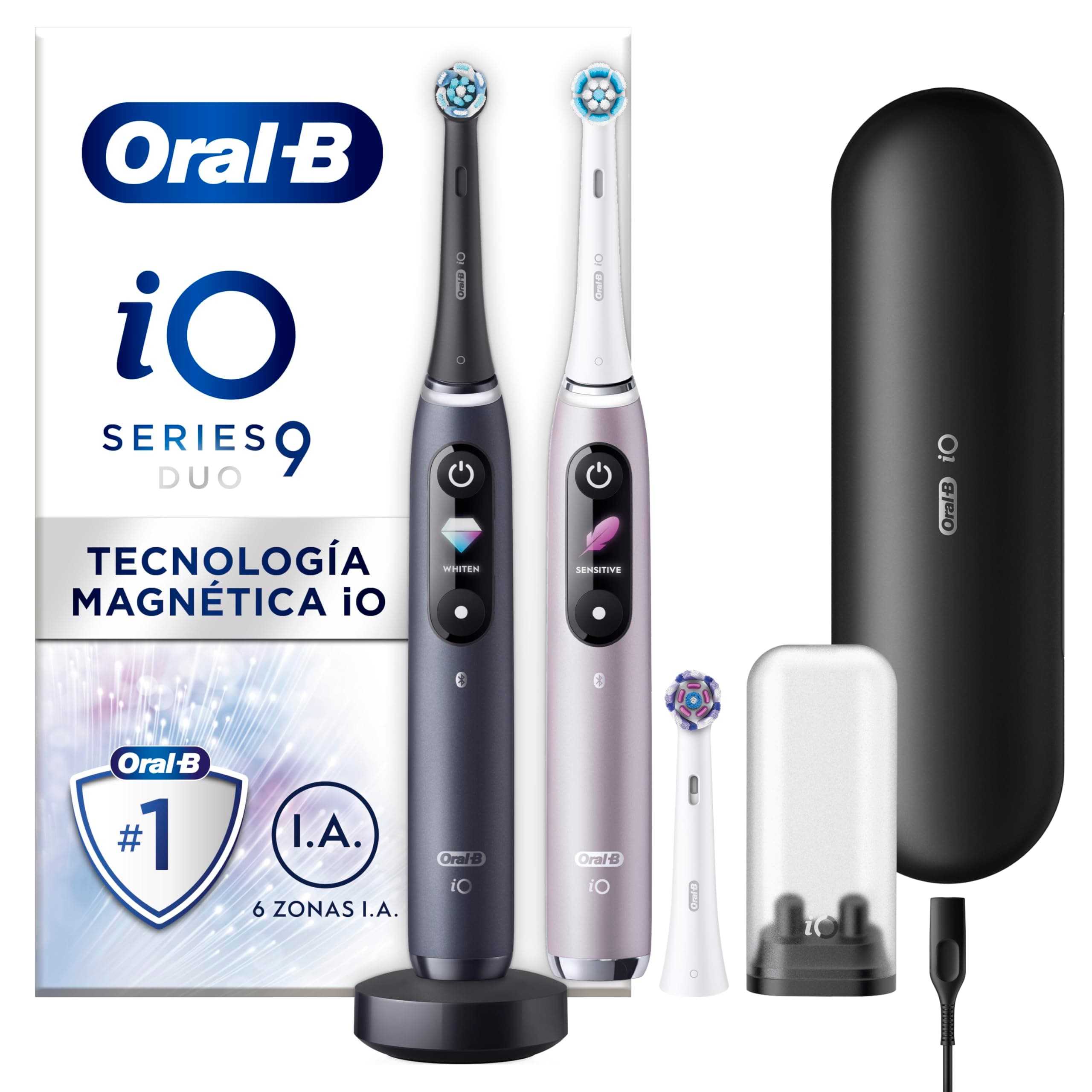 Oral-B iO 9 Pack de 2 Cepillos de Dientes Eléctricos Negro y Rosa, Con 3 Cabezales y 1 Estuche Cargador de Viaje, 7 Modos De Limpieza, Sensor De Presión, Carga Rápida, Diseñado por Braun