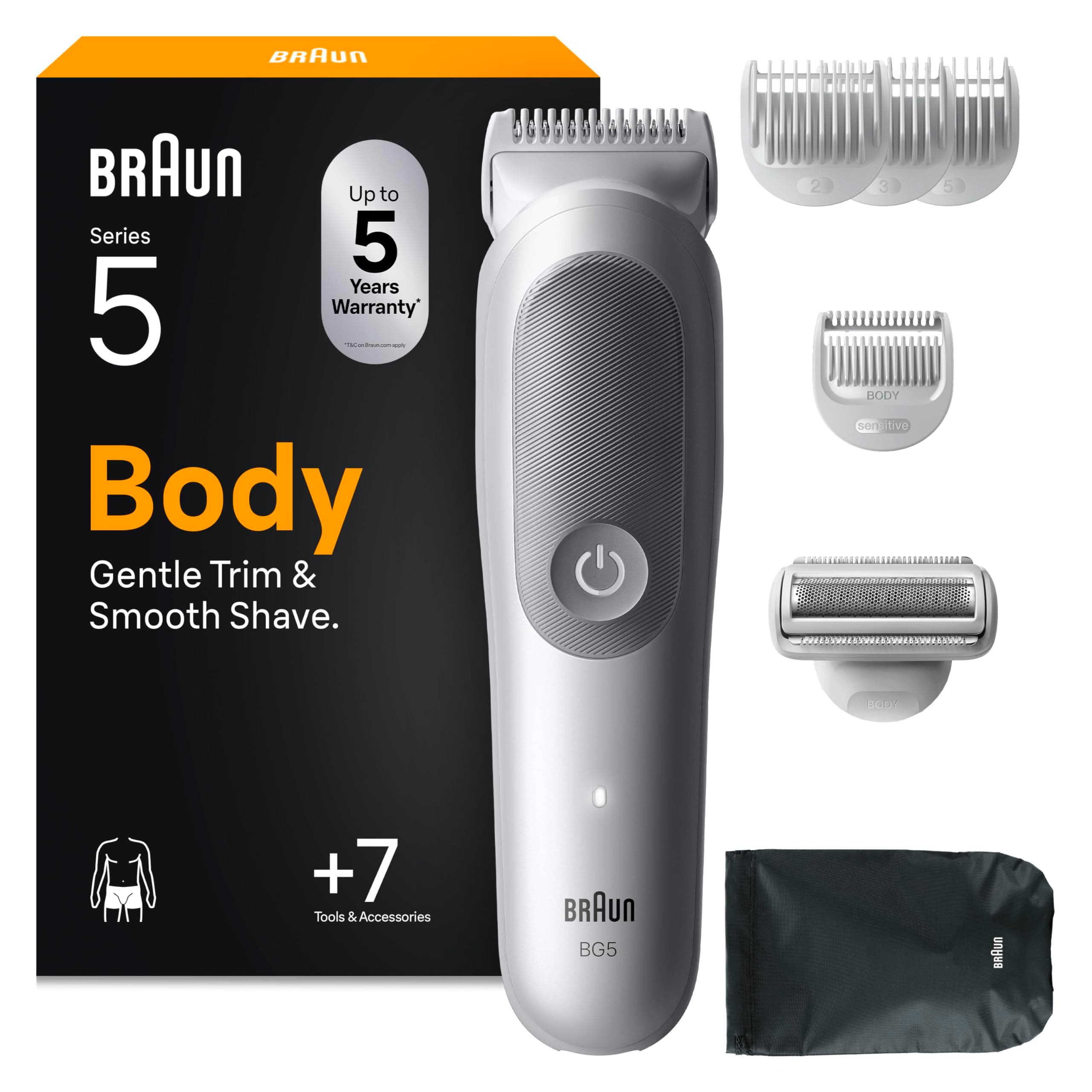Braun Rasoio Elettrico Corpo Uomo Series 5, +7 Strumenti Cura Corpo, Con Tecnologia SkinGuard, 100 Min Autonomia, Testine SmoothShave & SensitiveTrim, Impermeabile, Rasoio Intimo Uomo, BG5555, Grigio
