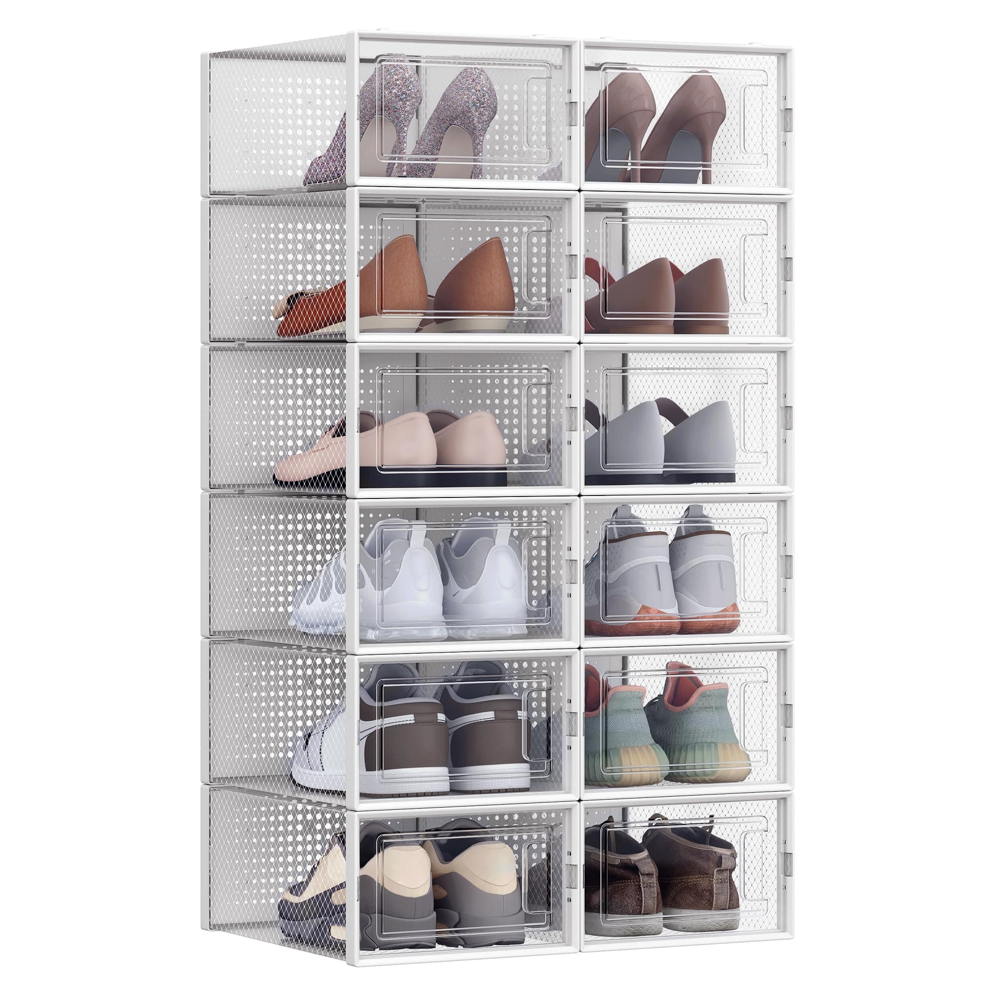 SONGMICS Scatole per Scarpe, Pacco da 12 Contenitori per Scarpe, Organizzatori Pieghevoli e Impilabili, Fino a Taglia 44, Trasparente e Bianco LSP12SWT