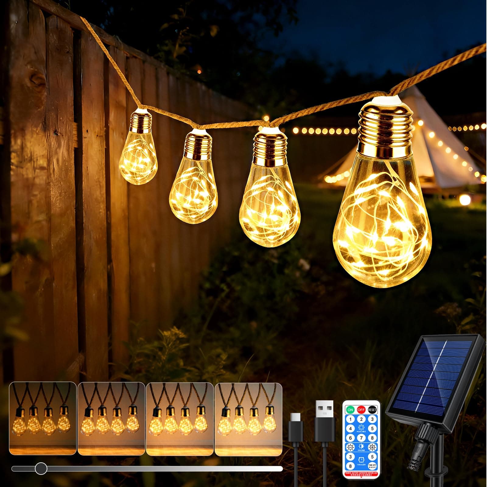 8M Guirnaldas Luces Exterior Solar con Control Remoto, con 16 LED Bombillas, Blanco Cálido, 8 Modos/Impermeables/Regulable/Sincronización, Cadena de Luce para Jardines Terraza, Fiestas, Bodas