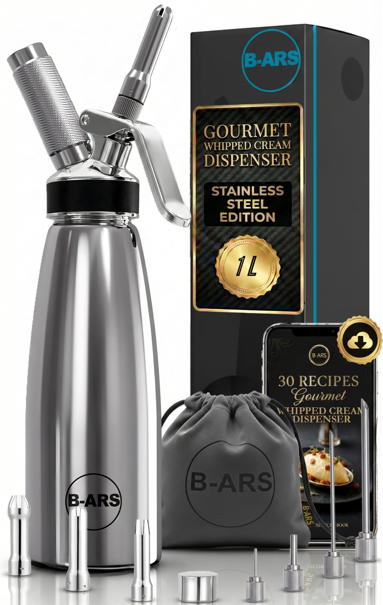 B-ARS Siphon Chantilly Acier Inoxydable 1L Boissons Mousses Chantilly avec Buses Décoratives Aiguilles Accessoires Sac Nettoyage Livre Recettes Matériaux Durables Facile À Utiliser.