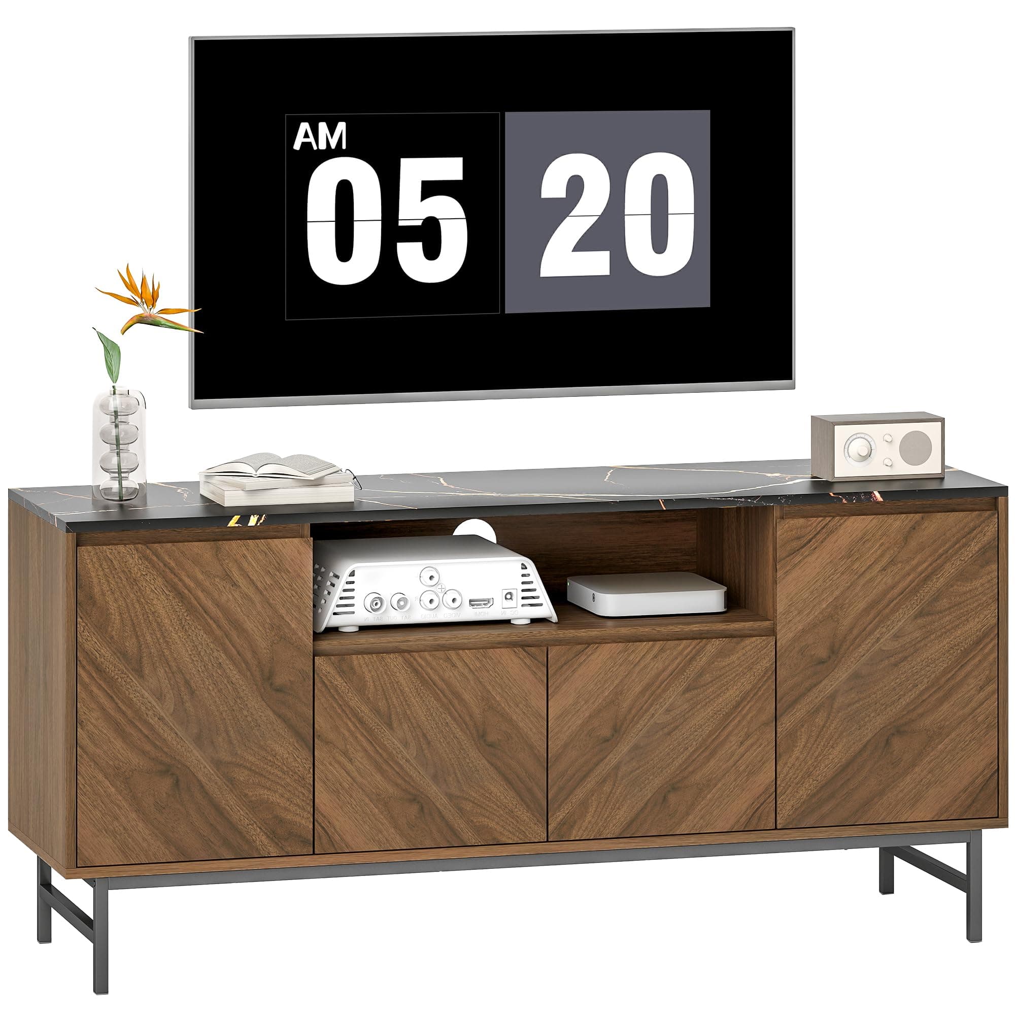 HOMCOM Meuble TV jusqu'à 65 Pouces Meuble télé Bois avec Compartiment Ouvert, Portes, étagères réglables et Passe-câbles, Banc TV Moderne Effet marbre pour Salon Chambre à Coucher, 140x39x66cm, Noyer