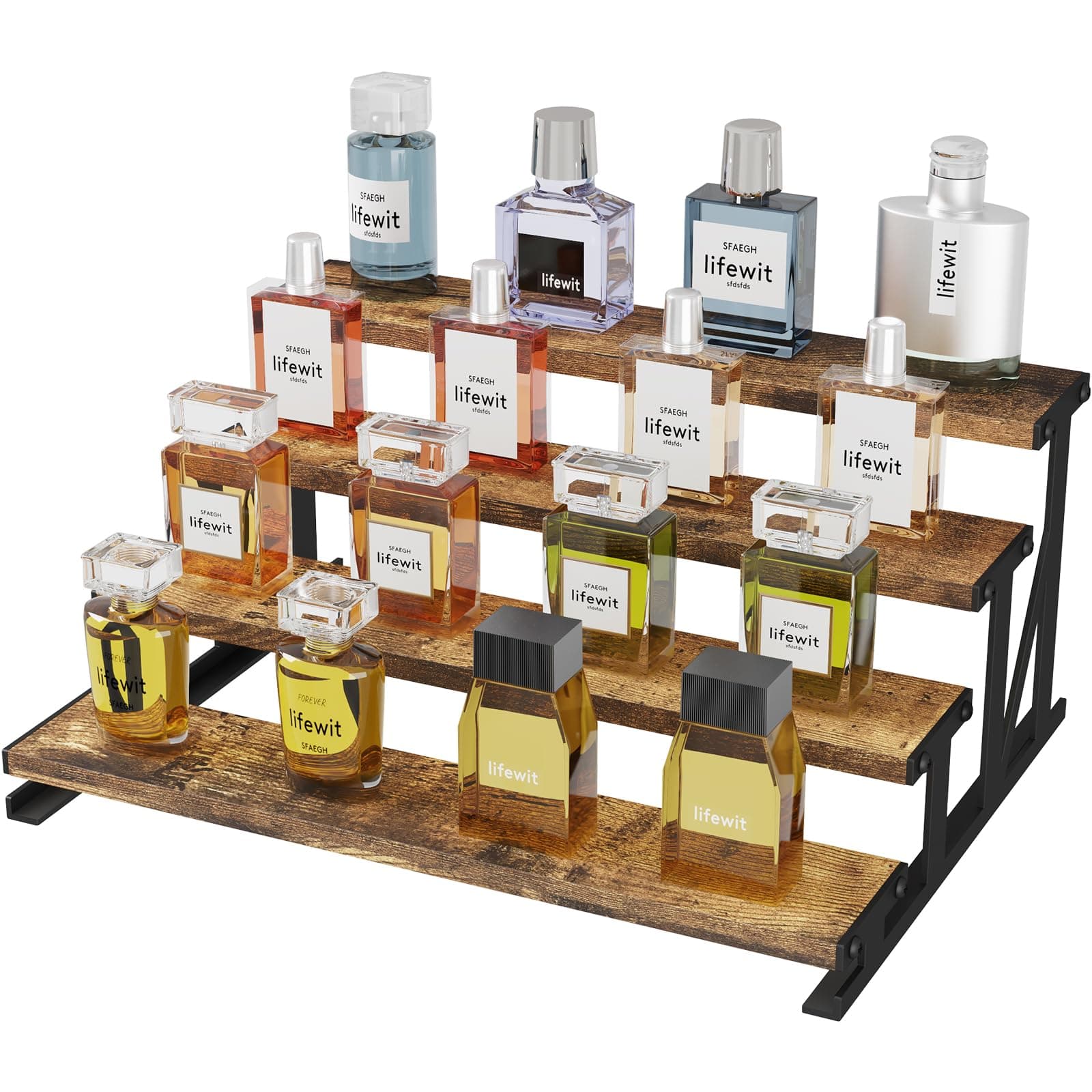 Lifewit 4 Etagen Display Ständer mit Schwarzes Metallregal, 35 x 27 x 16 cm Stehende Aufsteller für , Holzwerkstoff Organizer für Schminktisch/Badezimmer, Tortenständer für Party
