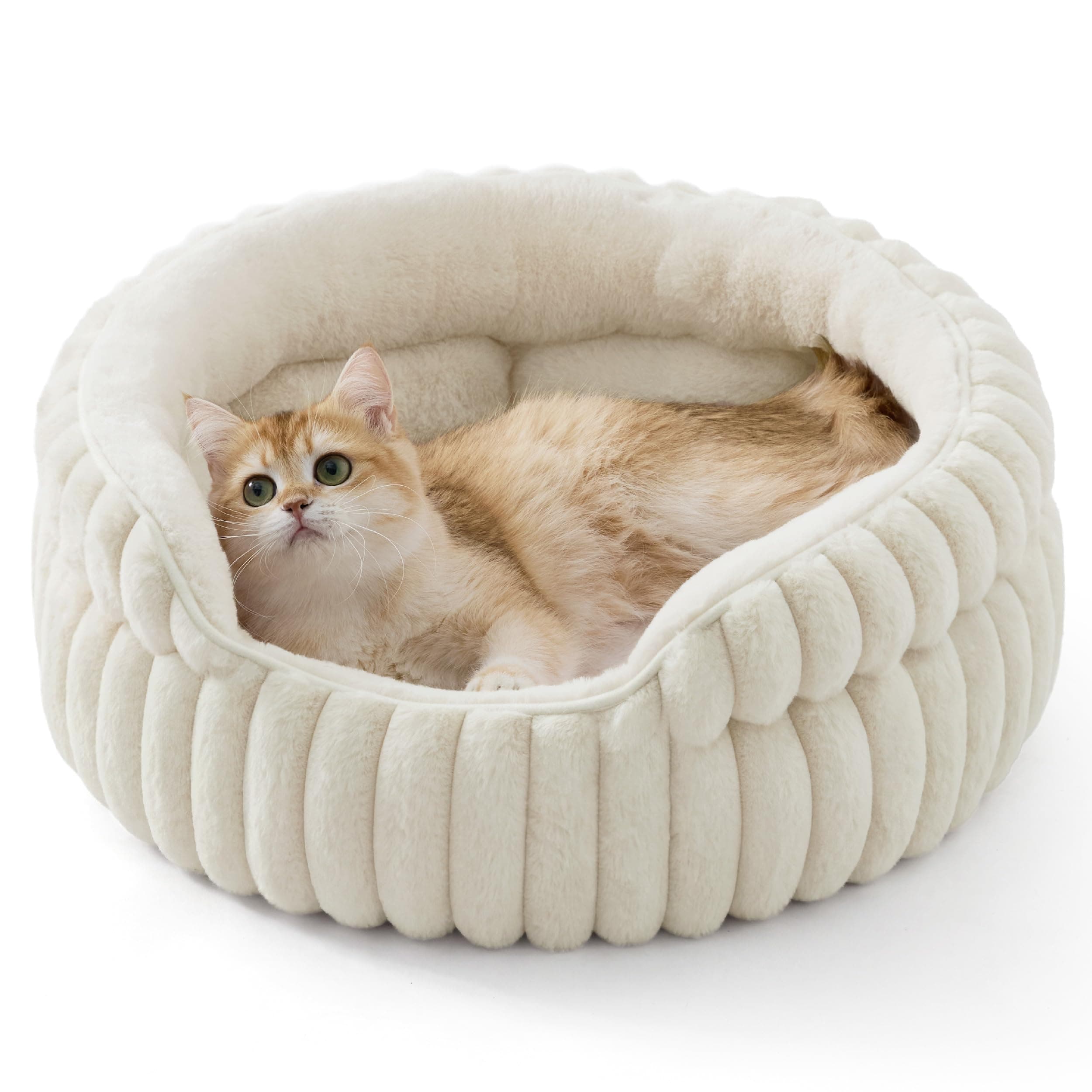 BEDSURE Flauschiges Katzenbett für Wohnungskatzen - 51 x 51 cm kleines rundes Katzenbett, waschbares Katzenbett für Kätzchen und Welpen mit Rutschfester Unterseite und abnehmbarem Kissen, weiß