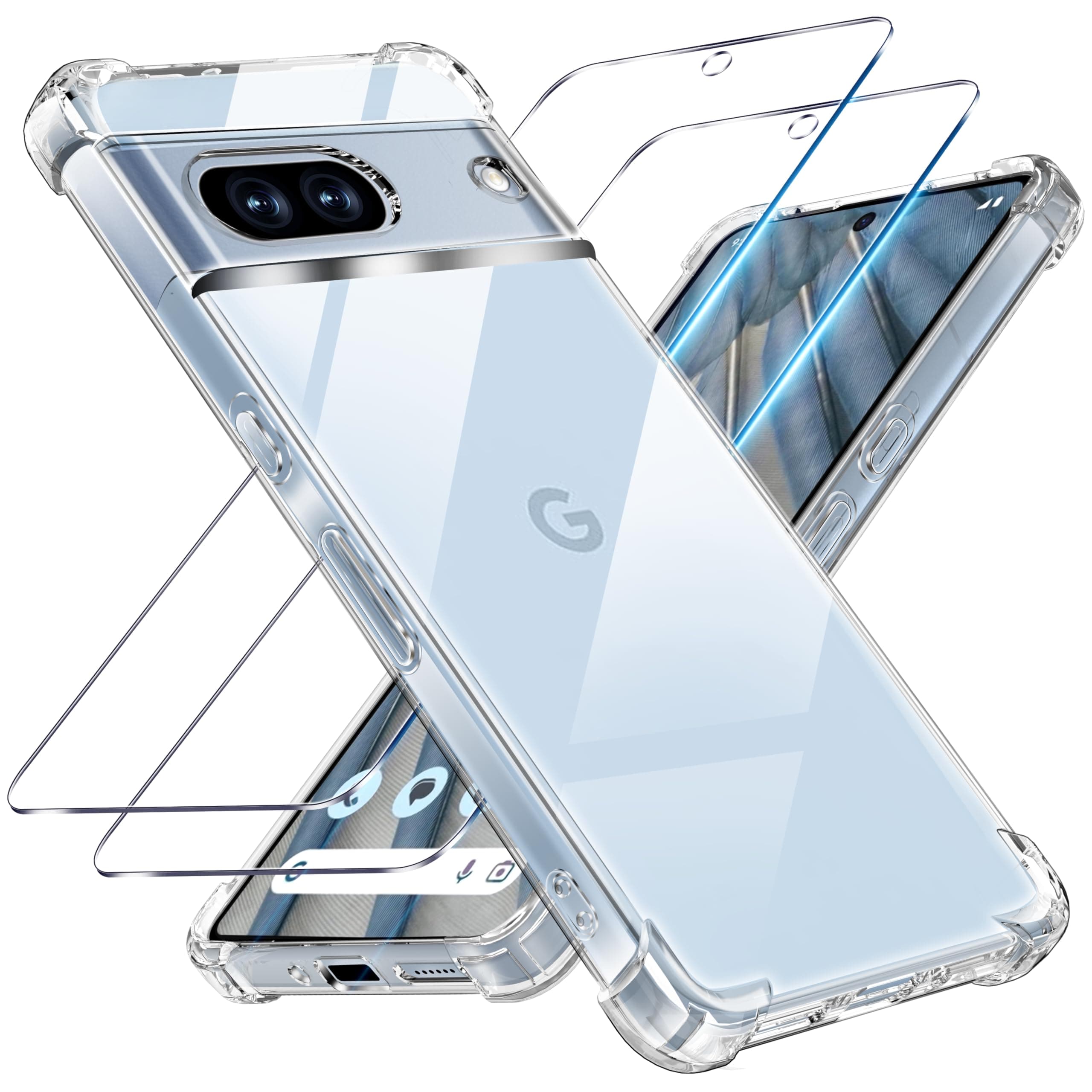 Tentoki 3 en 1 Verre Trempé et Coque pour Google Pixel 7a, [Coussin d'air Intégré] Anti-Jaunissement Souple TPU Bumper Coque Protection pour Pixel7a, Transparente