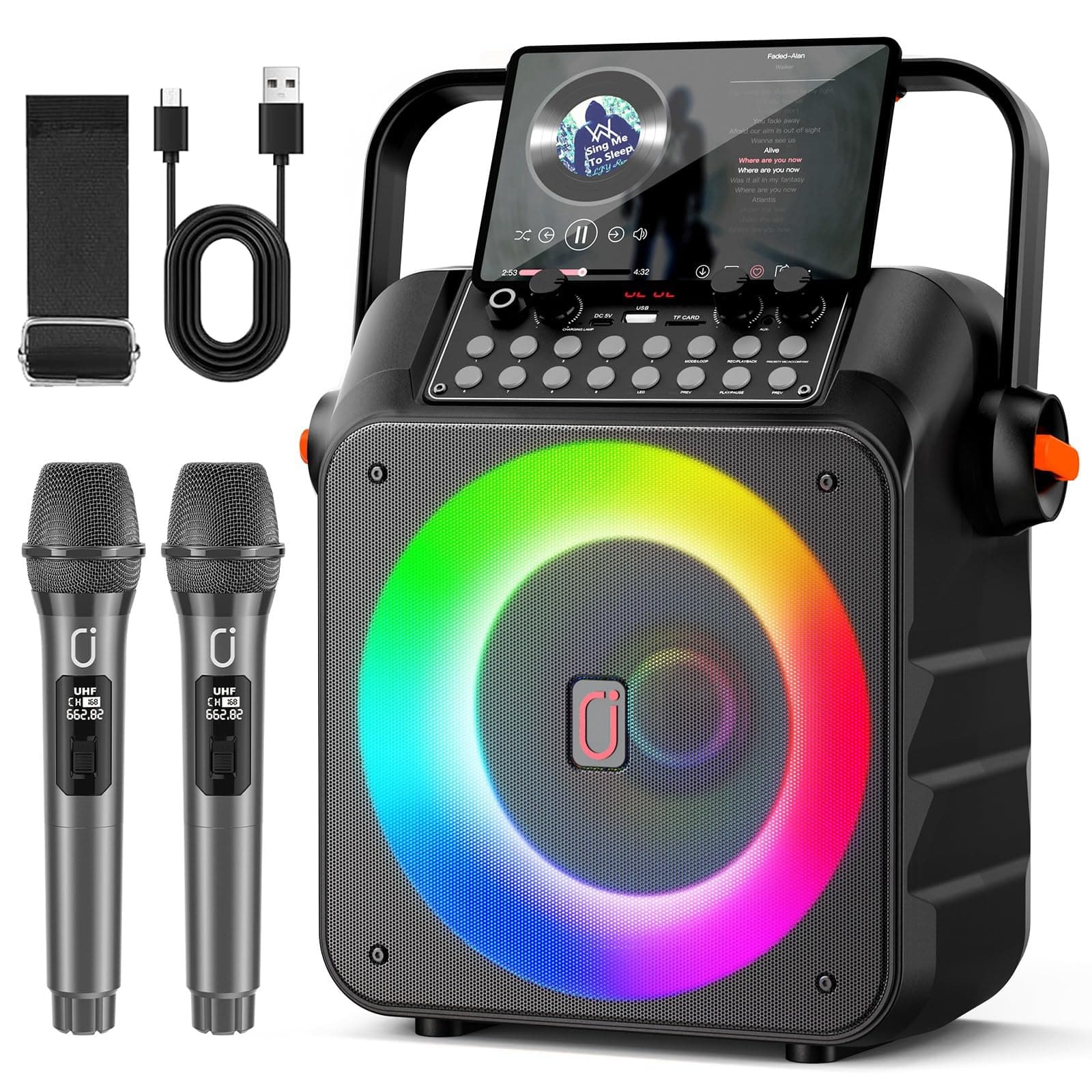 HWWR Karaoke Profesional Inalámbricos, Máquina de Karaoke Portátil con Micrófonos Inalámbricos para Adultos y Niños, Luces LED,USB/TF/AUX/Rec, Karaoke Compatible con Android/iPad/TV/PC