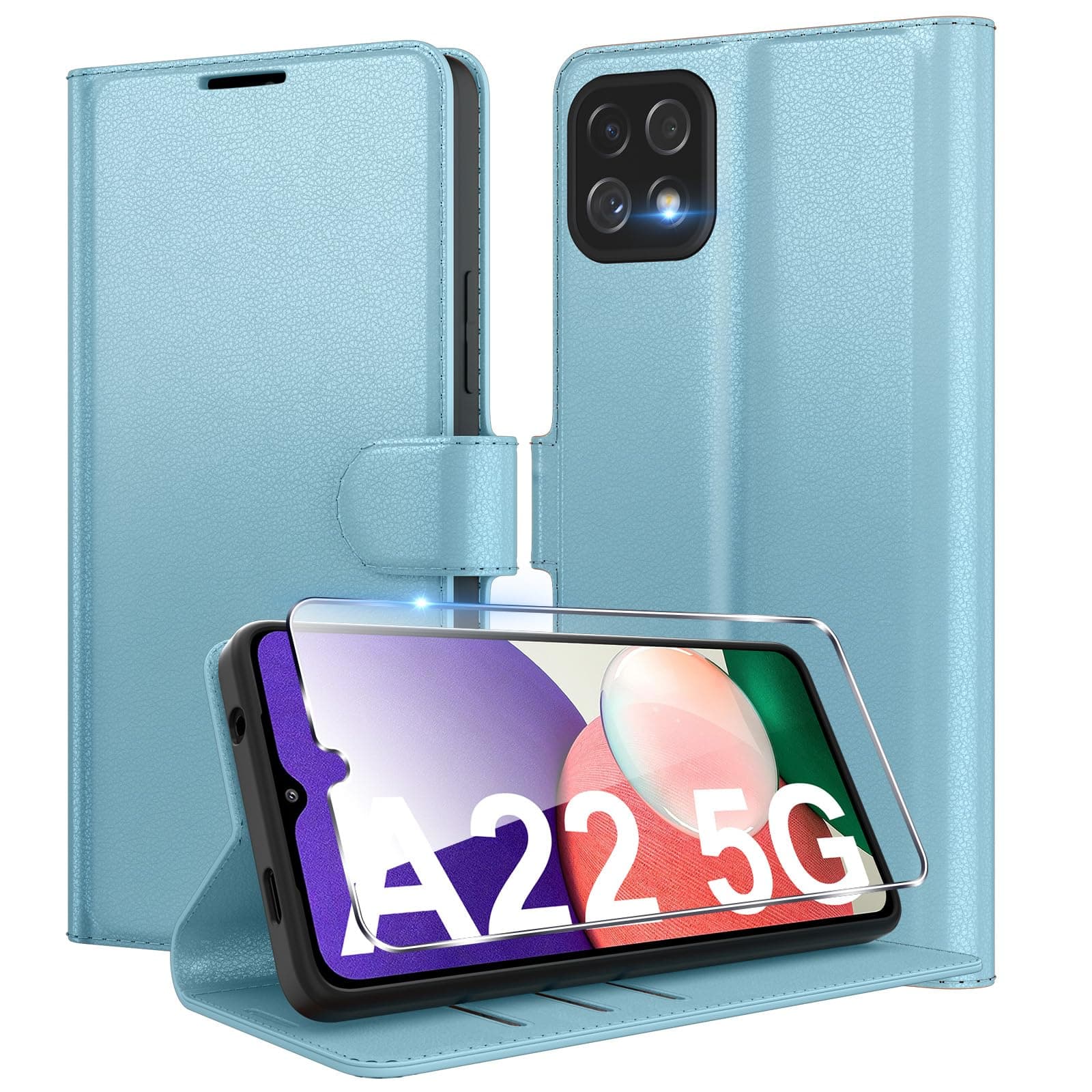 Eirltiy Coque pour Samsung Galaxy A22 5G en Premium Cuir PU, Portefeuille Housse Etui pour Cartes Protection Anti-Choc Flip Case avec 1 Verre Trempé Bleu