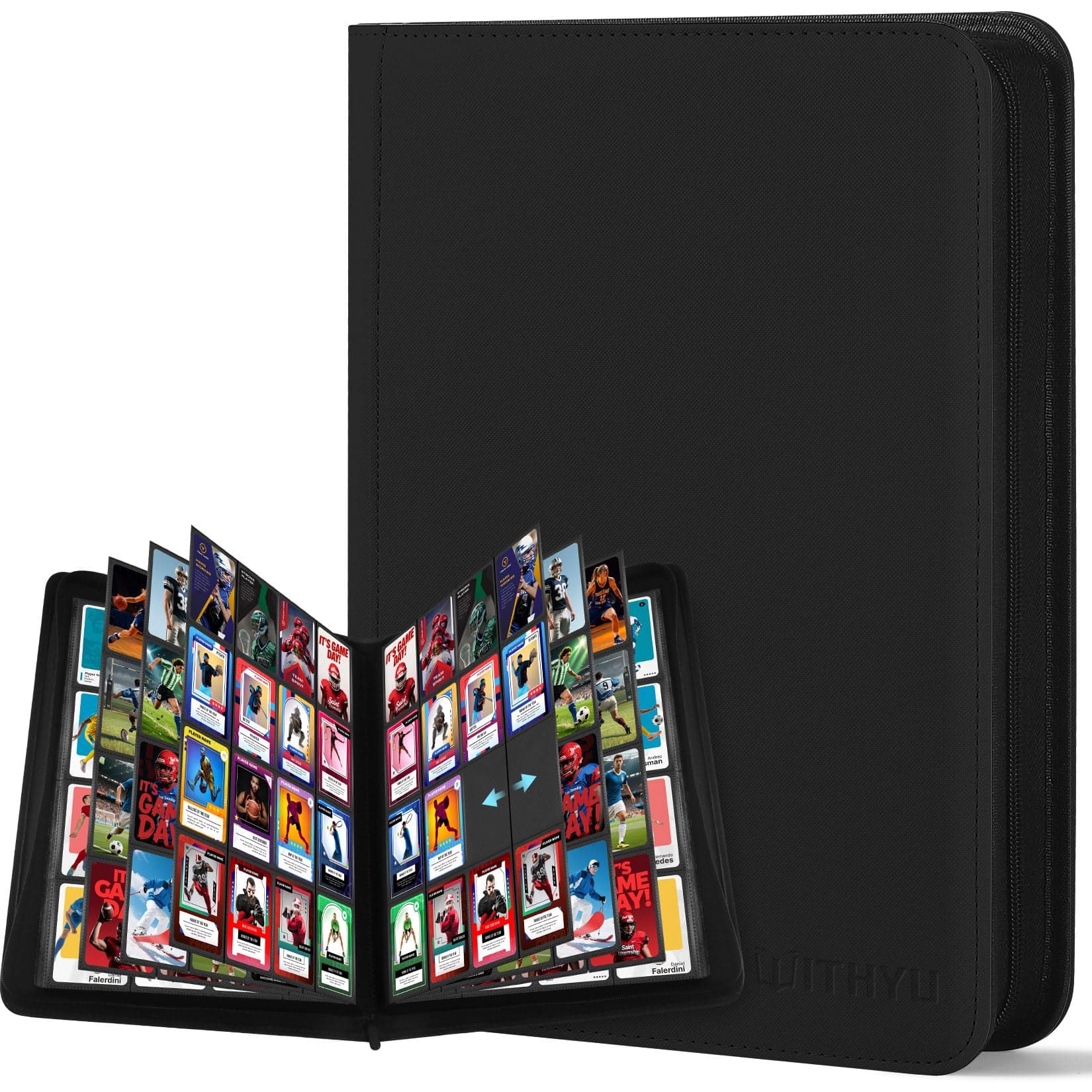 WITHYU Album de Collection pour Cartes - 32 Pages Capacité 1024 Cartes, Classeur Étanche & Antichoc avec Insertion Latérale pour TCG/Jouer/Sportives, Conception sans Anneaux (Noir)